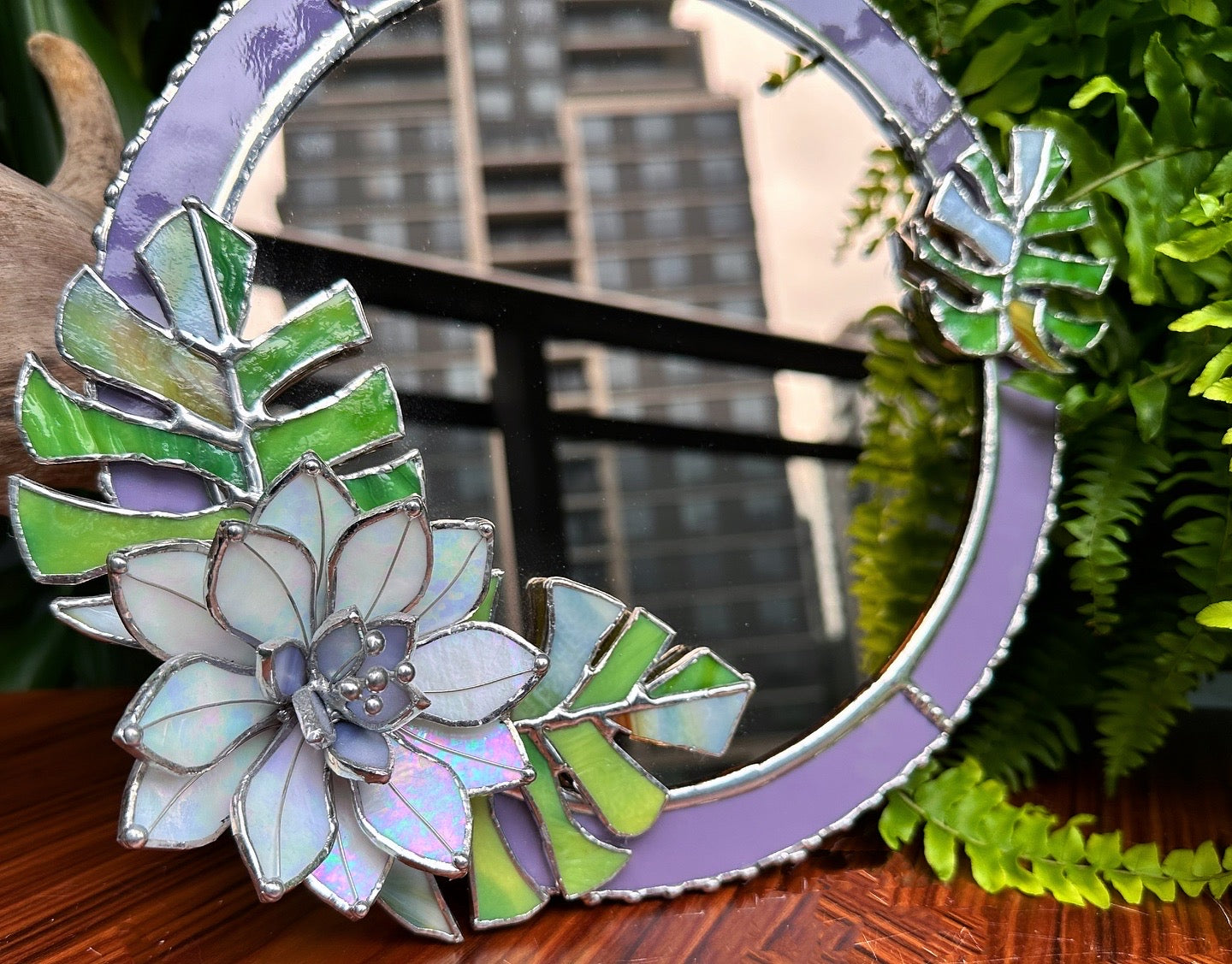 " . Blooming Monstera' Stained glass flower Mirror, Suncatcher, Art