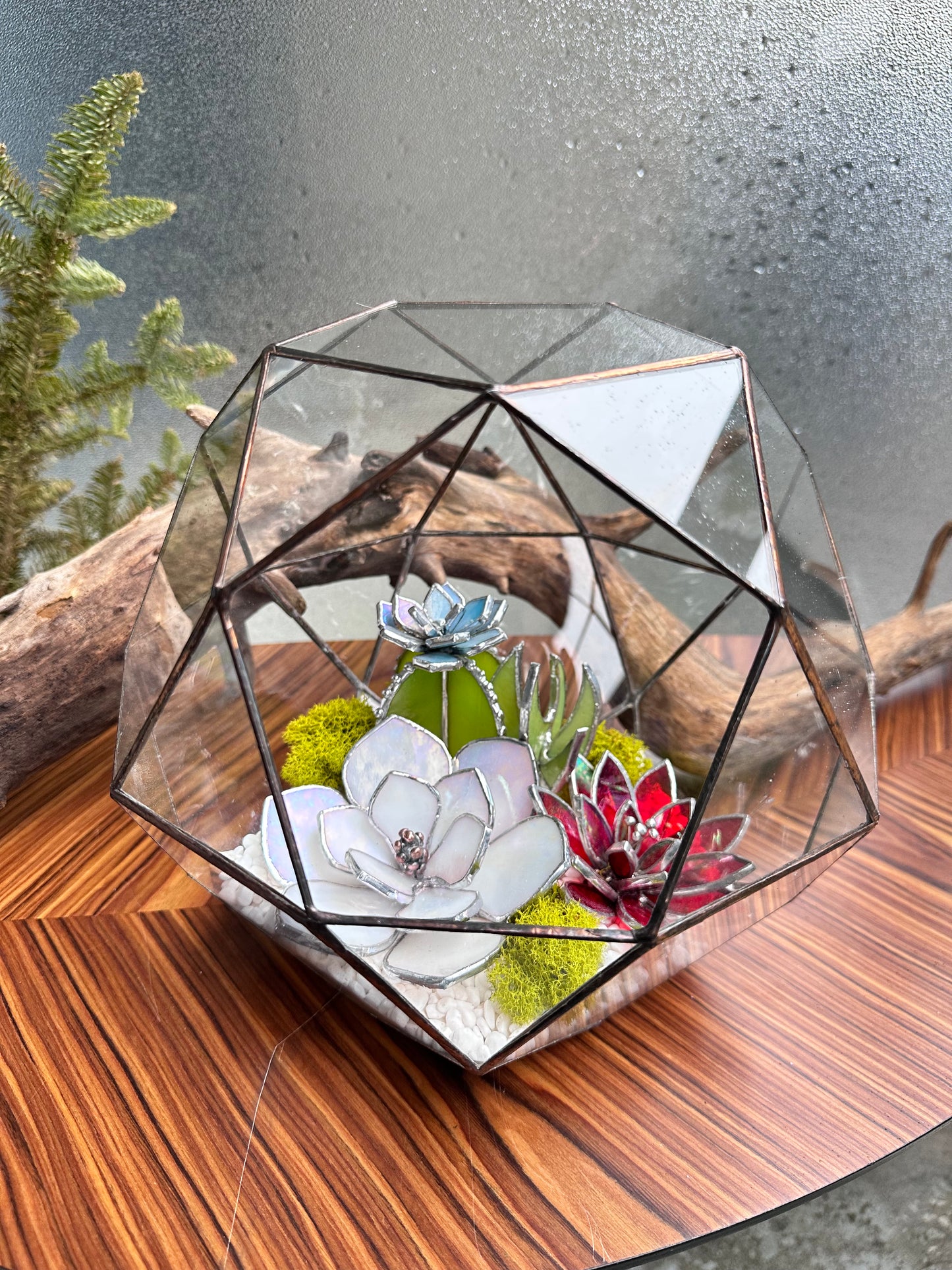 Geometric glass 3D terrarium with stained glass plants , Wedding glass decor, Mother’s Day gift, glass art, sun catcher, succulents