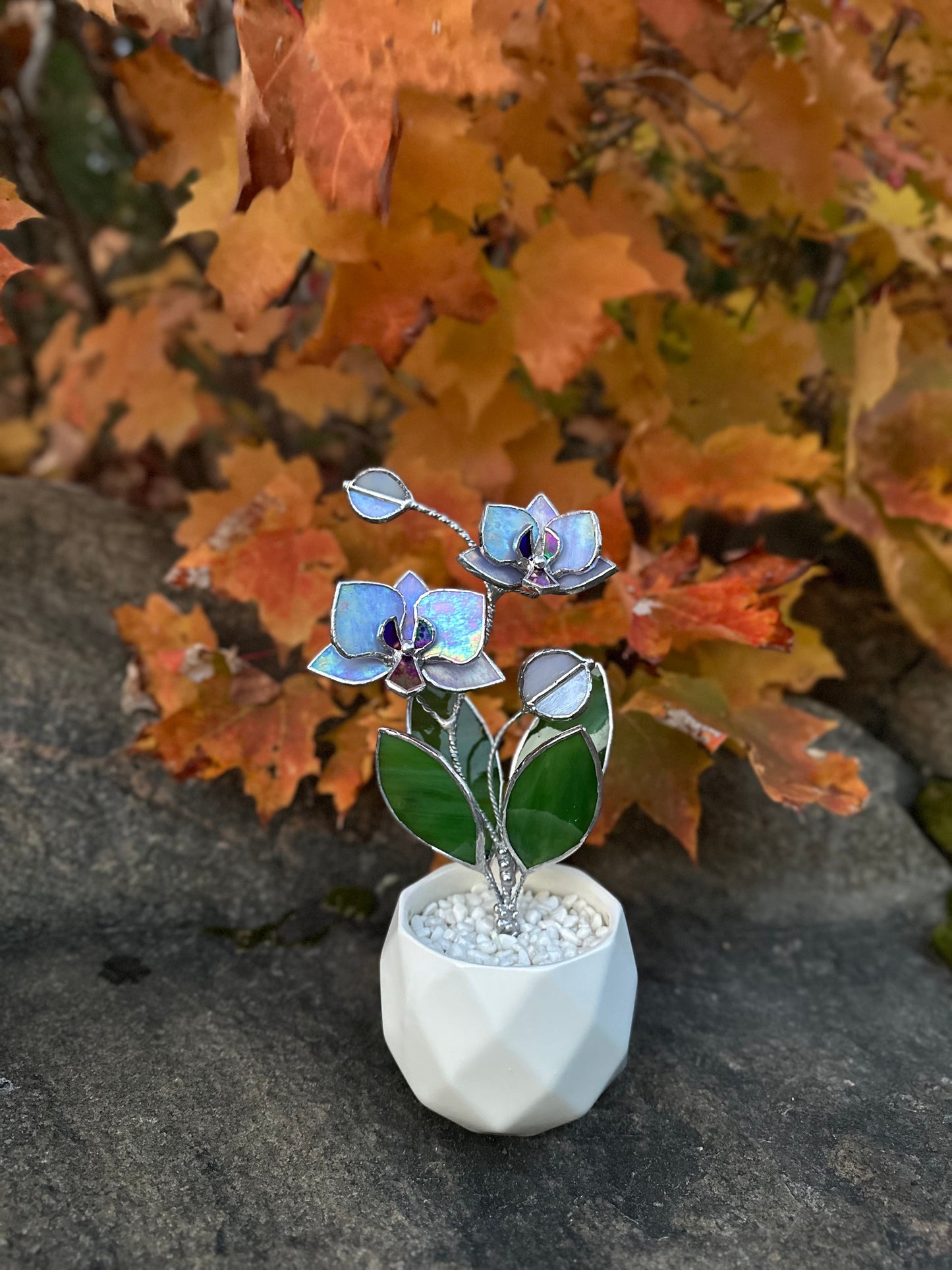 " . Lavender iridescent Orchid 2 flowers with pot” Stained glass tropical flower 3D, Sun catcher, Table plant decor, Garden stick, Outdoor and gardening decor