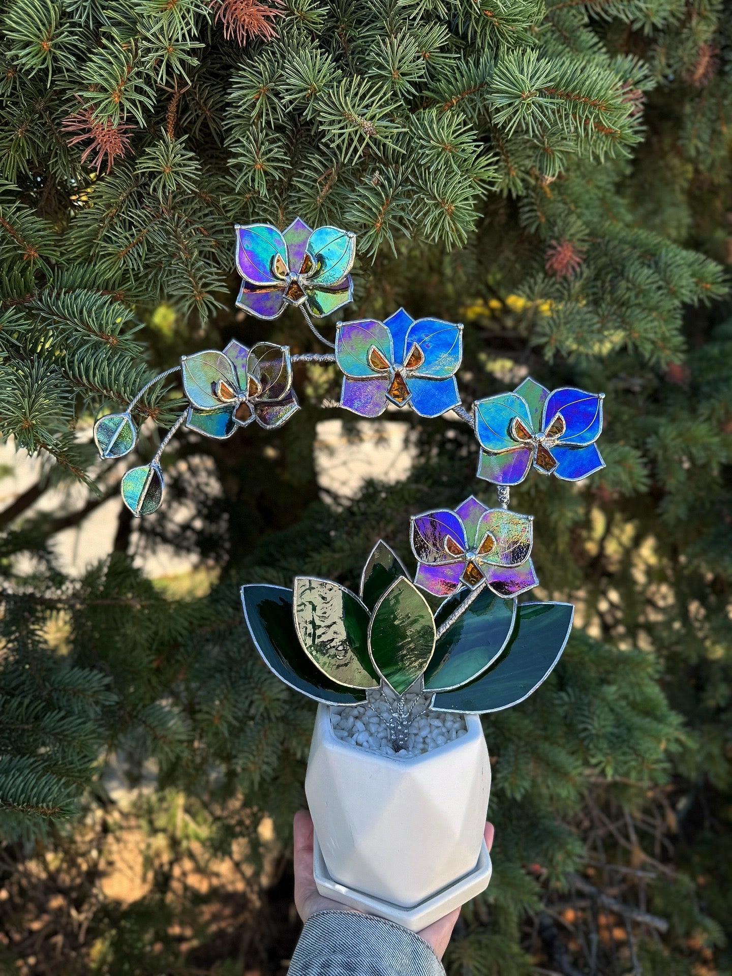 " . Butterfly Orchid Purple transparent iridescent, 5 flowers with pot”, Stained glass tropical flower 3D, Suncatcher, Table plant
