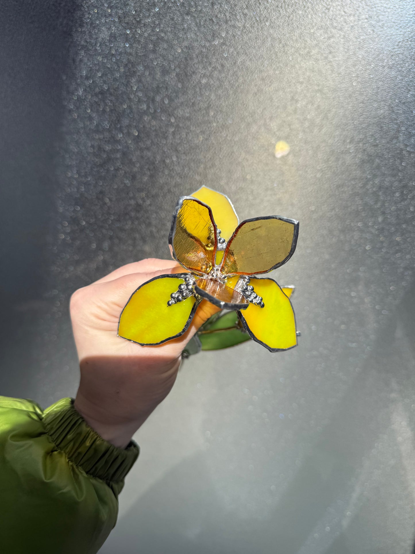 .Iris Yellow lemon Stained Glass Artisan Flower, Botanical Table Decor