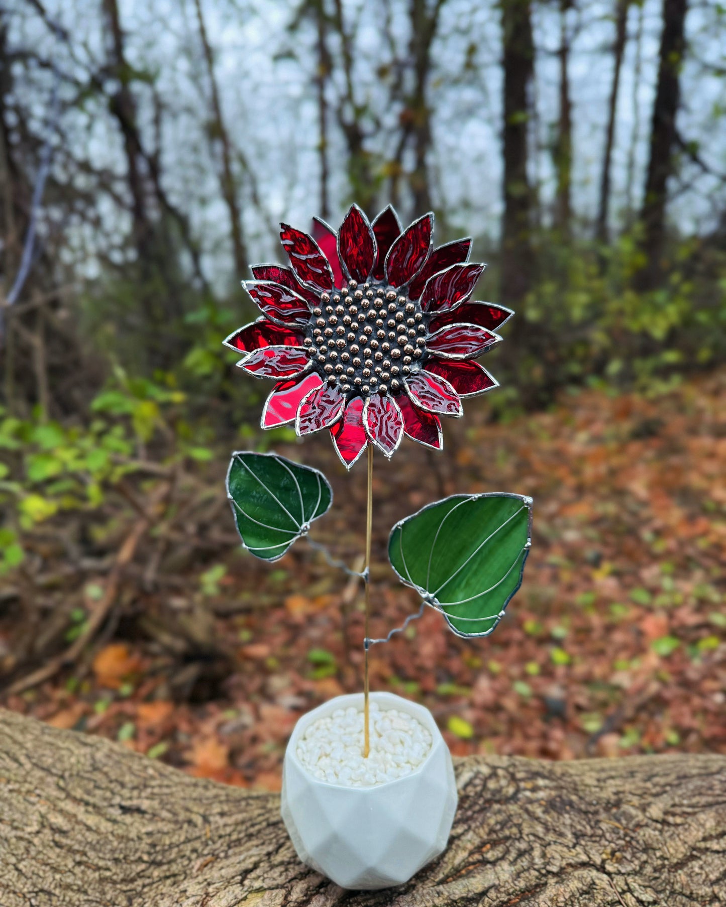 " . Ruby Red Sparcling Sunflower" Stained glass tropical flower 3D, Sun catcher, Table plant decor, Garden stake, wedding decor, Christmas gift
