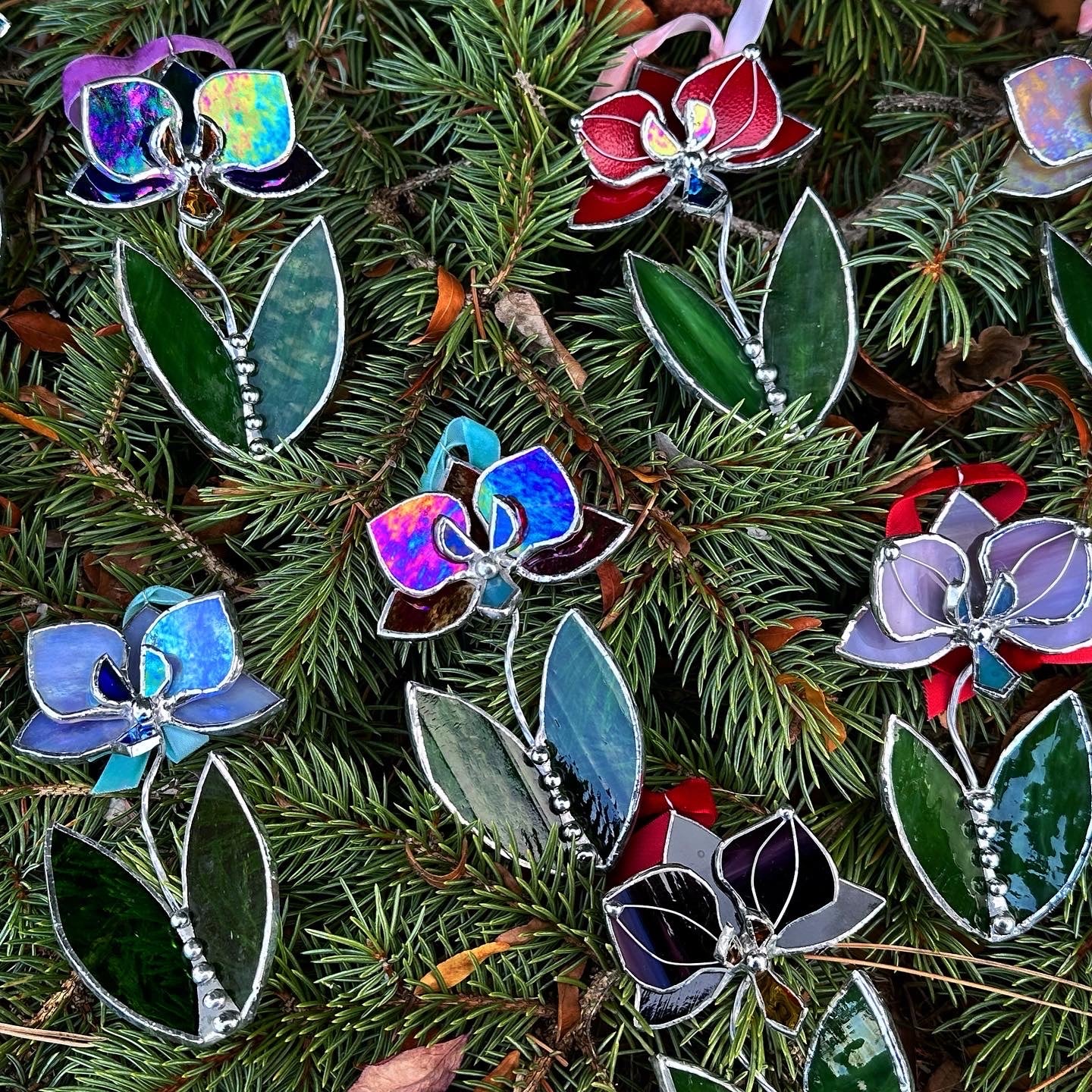 Christmas tree ornaments Orchid with leafs. Mix of 3, 5. Wall window decor, Stained glass Holiday decorations lights