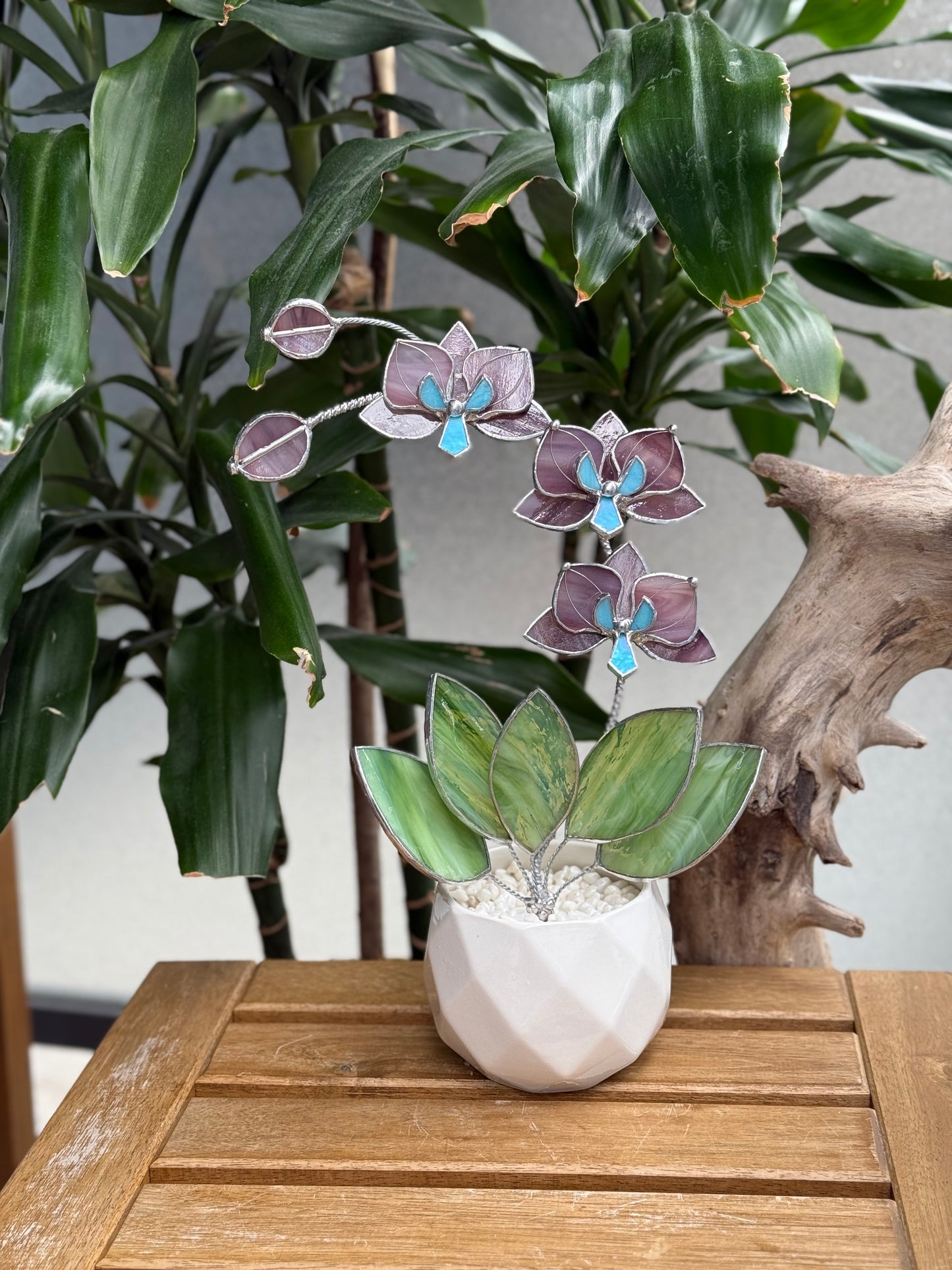 " . Dusty Rose translucent Orchid 3 flowers with pot 2025” Stained glass tropical flower 3D, Sun catcher, Table plant, Garden stick, Outdoor and gardening decor