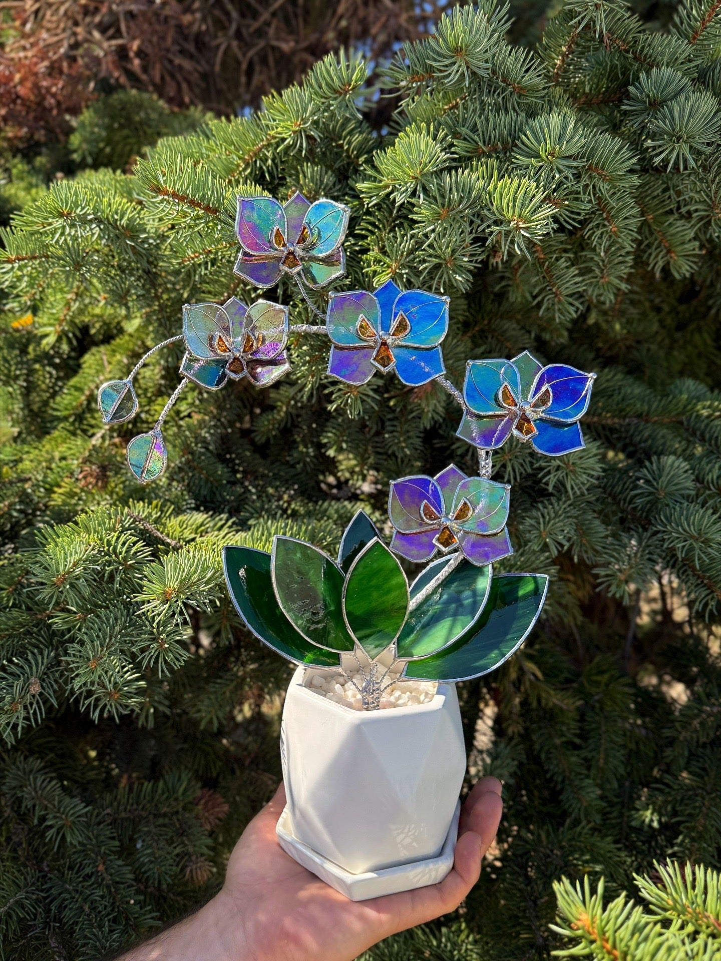 " . Butterfly Orchid Purple transparent iridescent, 5 flowers with pot”, Stained glass tropical flower 3D, Suncatcher, Table plant