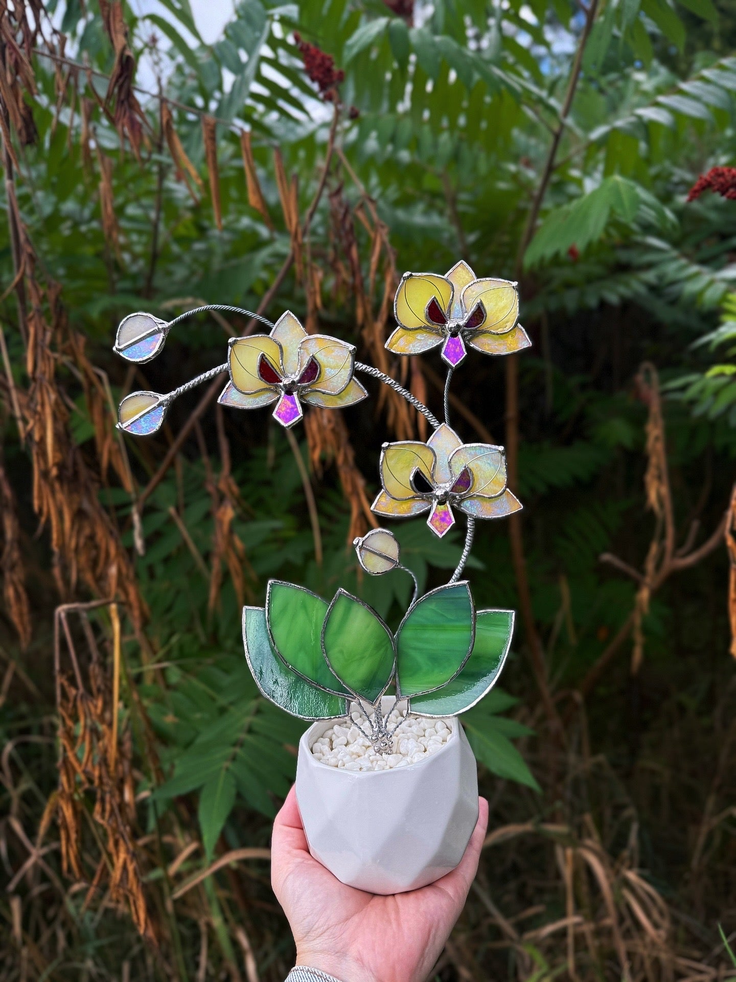 " . Lemon yellow iridescent Orchid 3 flowers with pot” Stained glass tropical flower 3D, Sun catcher, Table plant, Garden stick, Outdoor and gardening decor