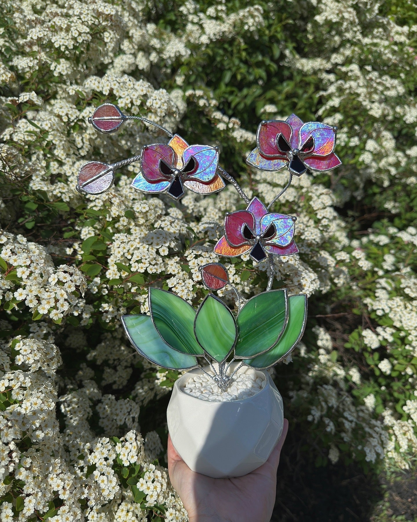 " . Berry red iridescent Orchid 3 flowers with pot” Stained glass tropical flower 3D, Sun catcher, Table plant, Garden stick, Outdoor and gardening decor available new