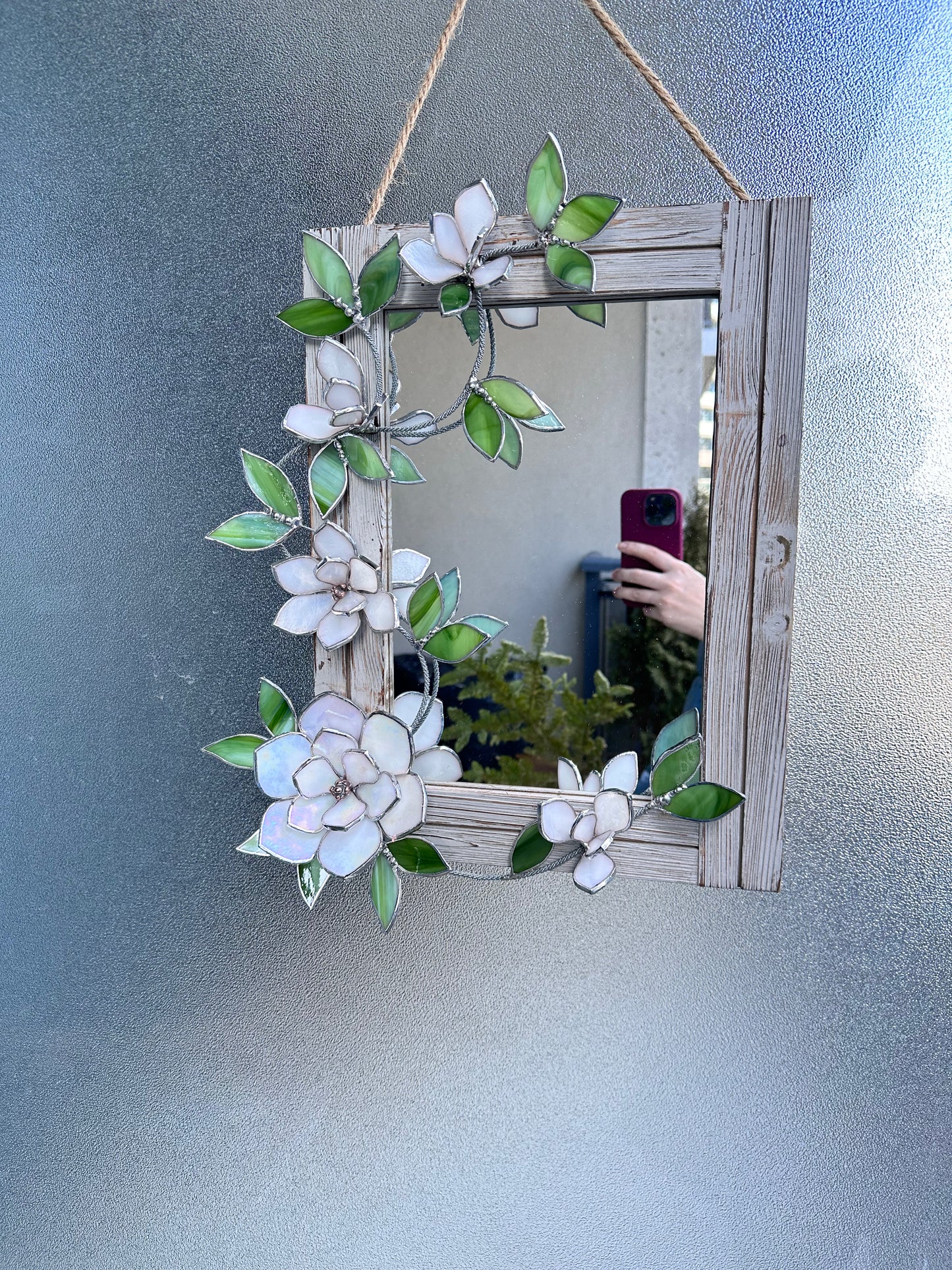 " . Magnolia White Pearl Stained glass flower Mirror Wedding Wall Decor Christmas gift Everlasting, Suncatcher, succulent,