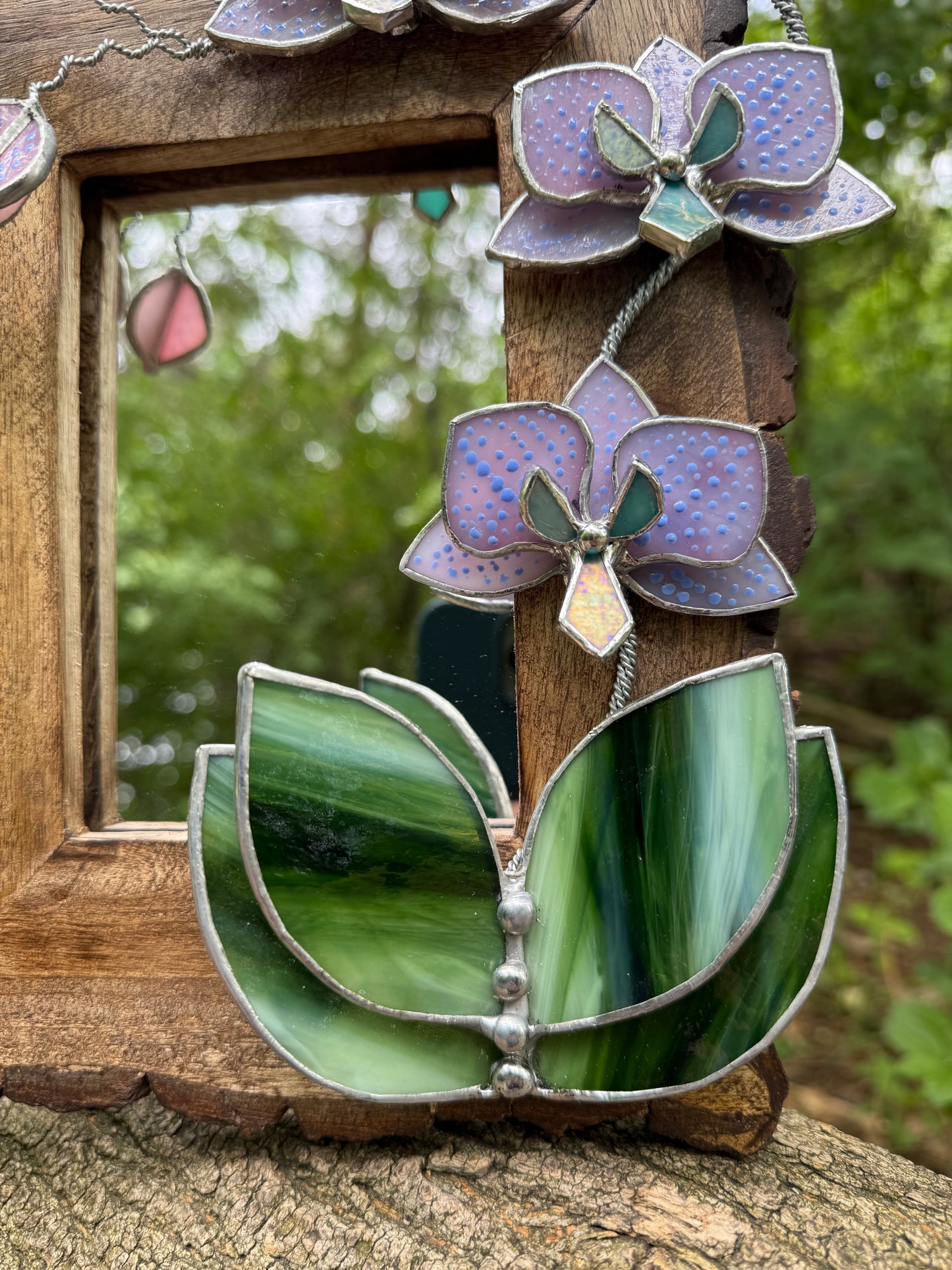 " . Dusty Pink with pattern Orchid Mirror”, Stained glass flower Wall window table decor, Suncatcher, Home wedding Decor, Christmas gift, available new