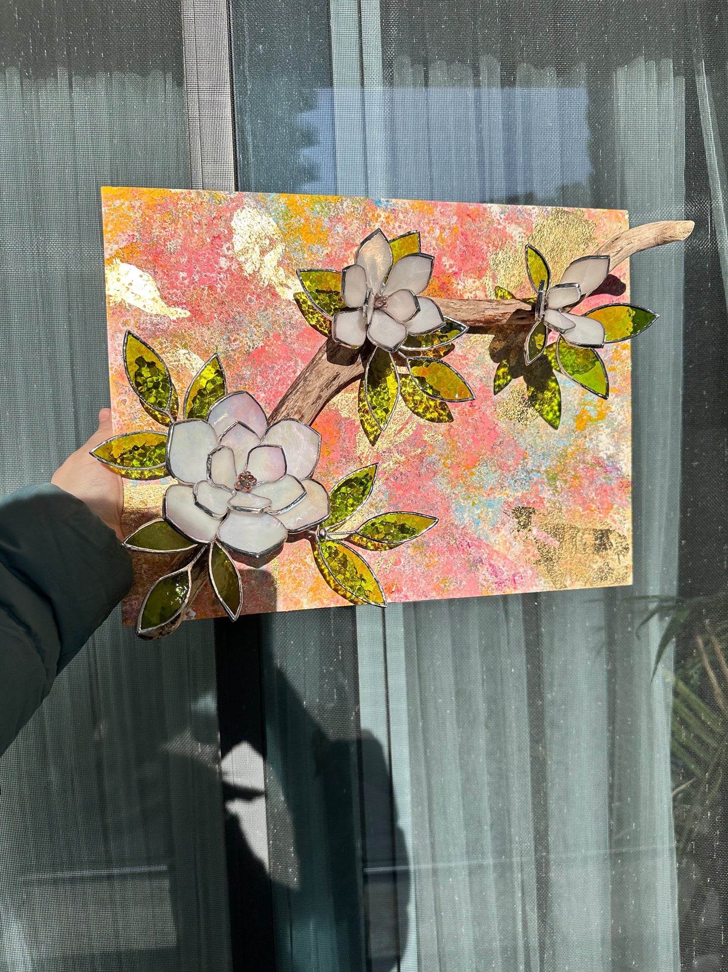 ". Acrylic painting ‘Spring Magnolia’ with stained glass 3D flowers, Wall decor, Wedding, Christmas gift