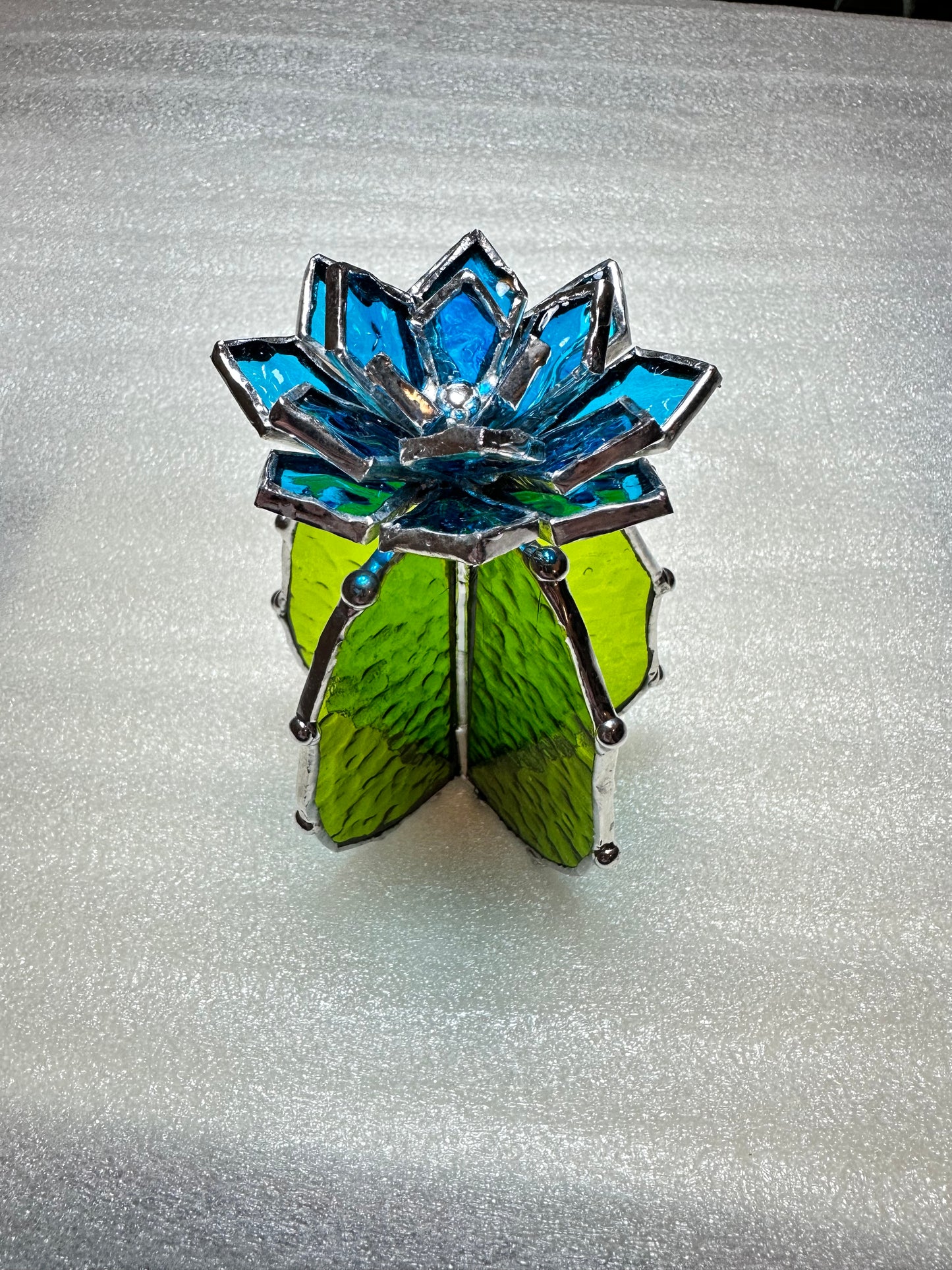 "Cactus XL Blue Green Ribbed Transparent ", Stained glass, Succulent 3D Cacti house plant for flower pot Sun catcher glass art wedding