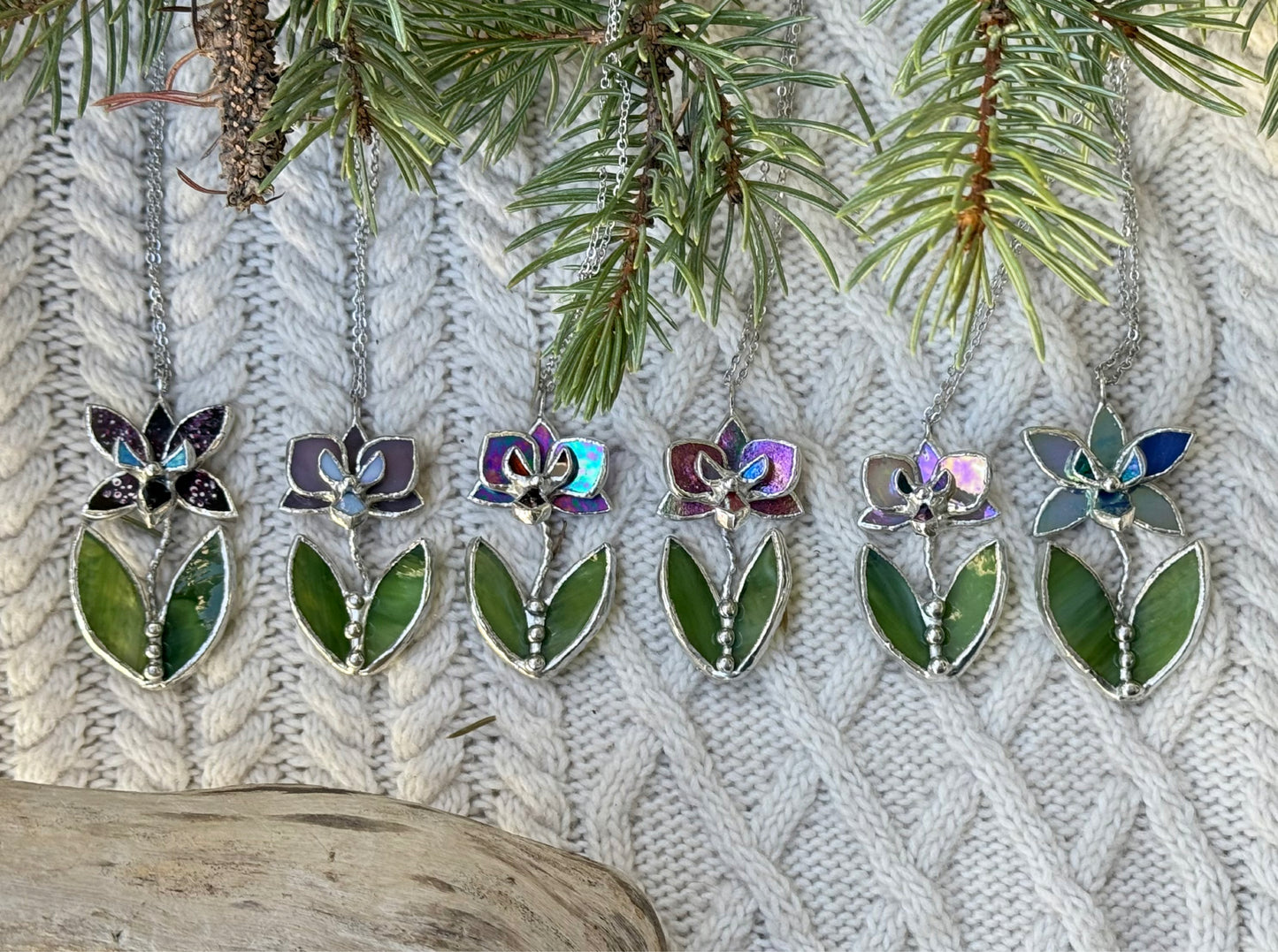 " . CHOOSE COLOR “NECKLACE OR BROOCH orchid flower with leaves” Stained glass tropical flower 3D, art jewelry