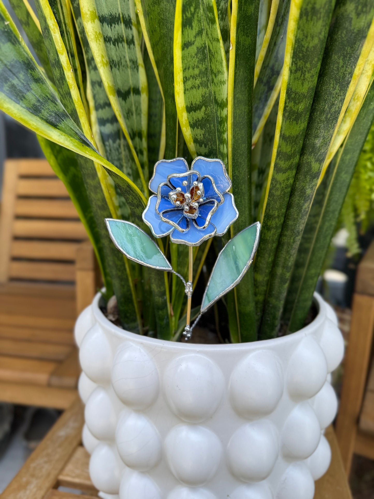 " . Blue Peony flower stick, Plant stake no pot” Stained glass tropical flower 3D, Sun catcher, Table plant, Garden stick, Outdoor and gardening decor