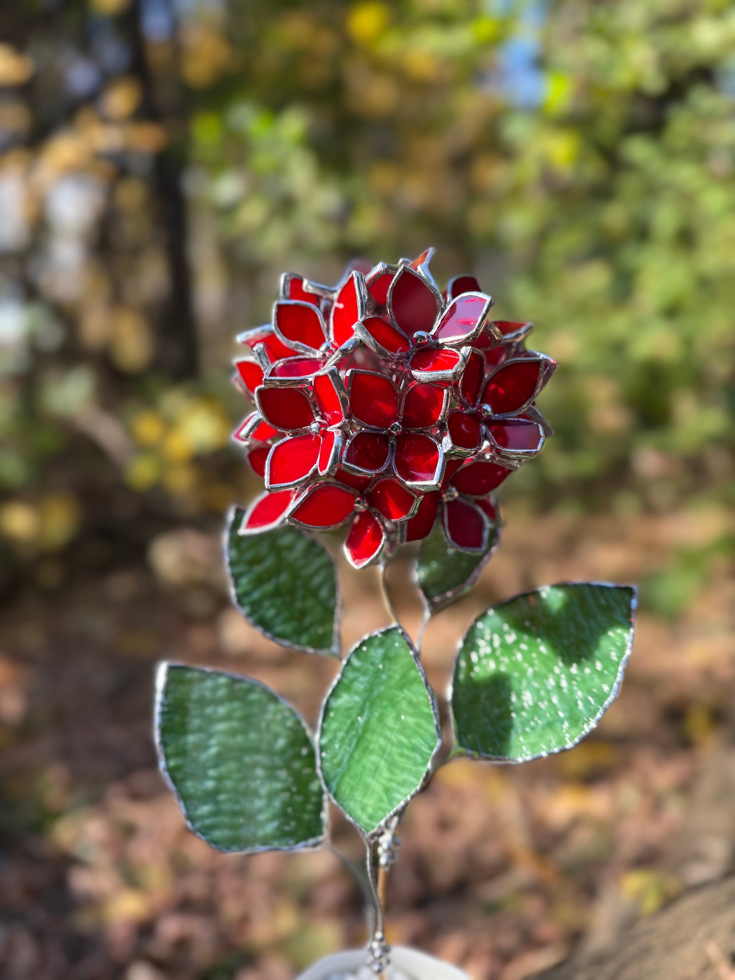 " . Hydrangea bunch Scarlet red in the pot ”, Stained glass tropical flower 3D, Sun catcher, Table plant, Garden stick, Outdoor and gardening decor