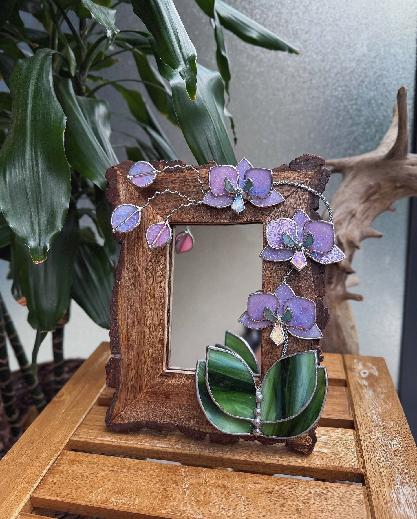 " . Dusty Pink with pattern Orchid Mirror”, Stained glass flower Wall window table decor, Suncatcher, Home wedding Decor, Christmas gift, available new