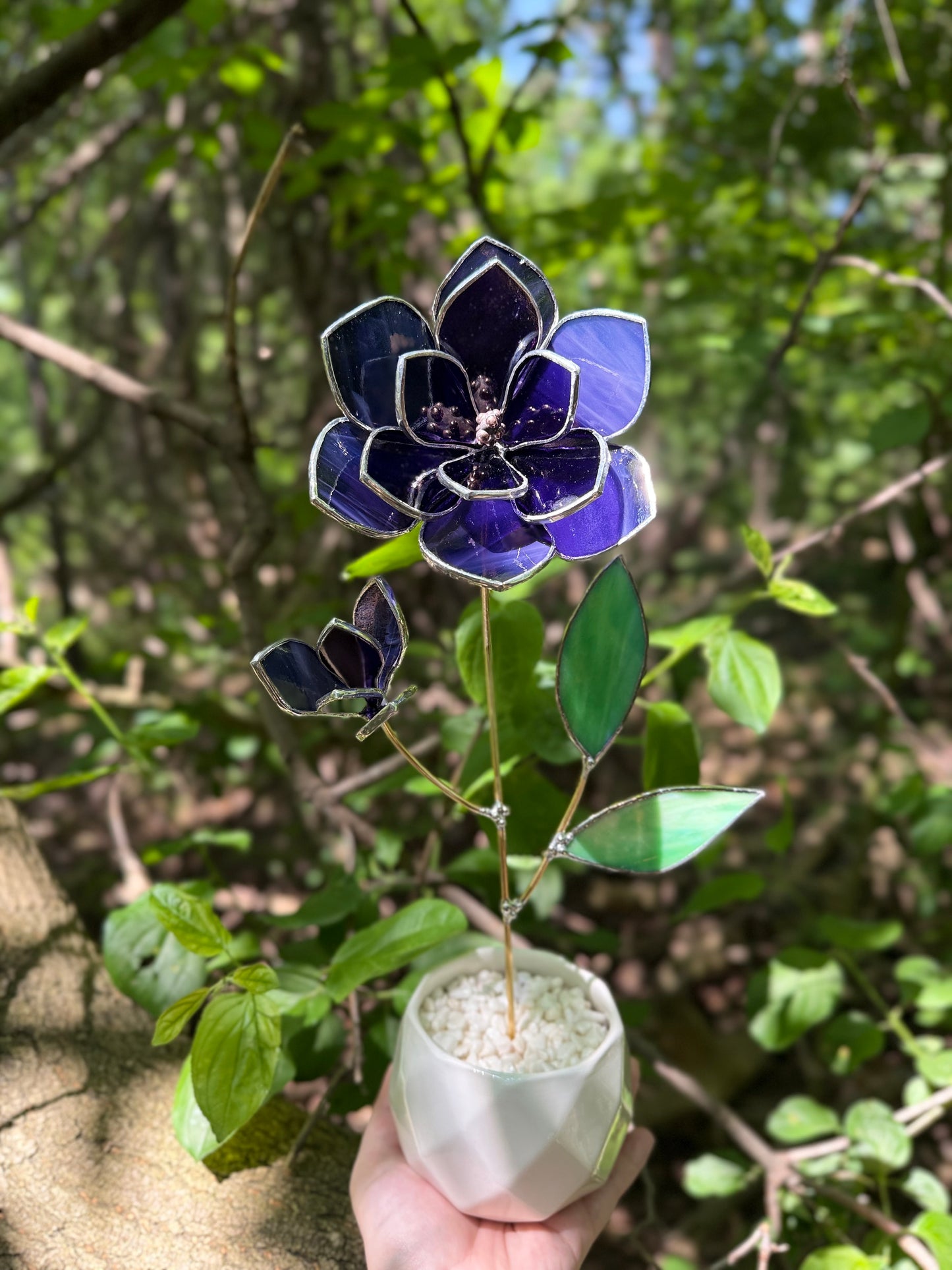 " . Amethyst Magnolia flower with a bud", Stained glass tropical flower 3D, Sun catcher, Table plant decor, wedding Christmas gift