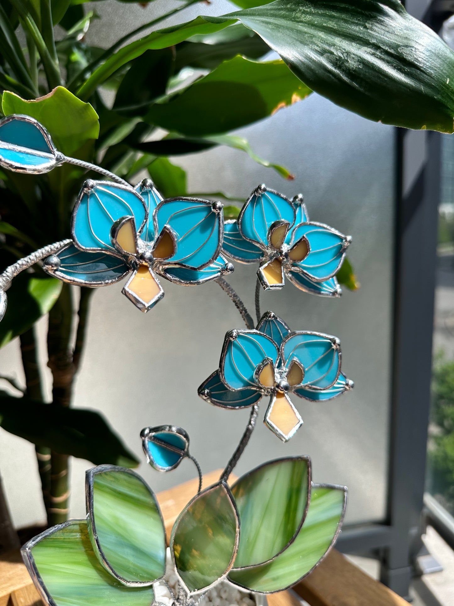 " . Tiffany turquoise Orchid 3 flowers with pot” Stained glass tropical flower 3D, Sun catcher, Table plant, Garden stick, Outdoor and gardening decor