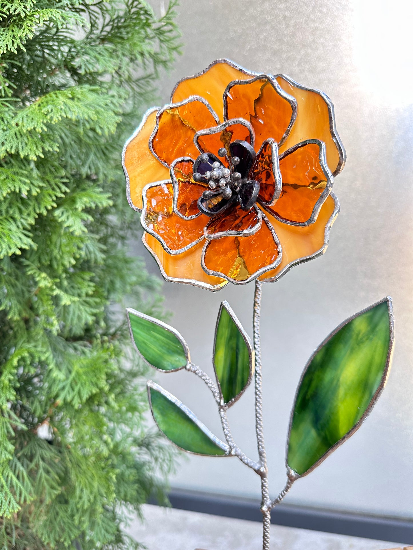 " . Amber Peony Stained glass flower, tropical 3D Sun catcher, Table plant decor, wedding gift