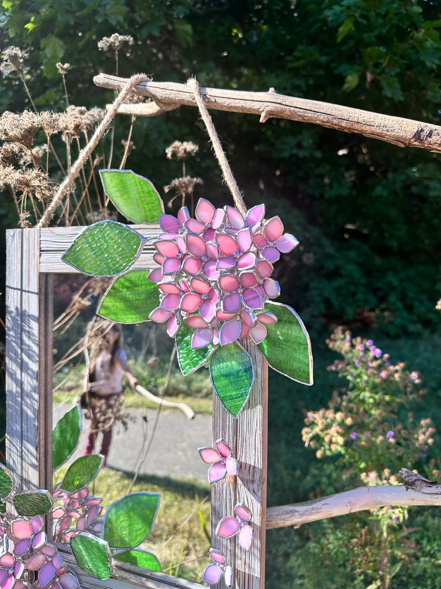 " . Pink Hydrangea Flower Mirror , Stained glass Wedding Wall Decor, Christmas gift, Suncatcher, available