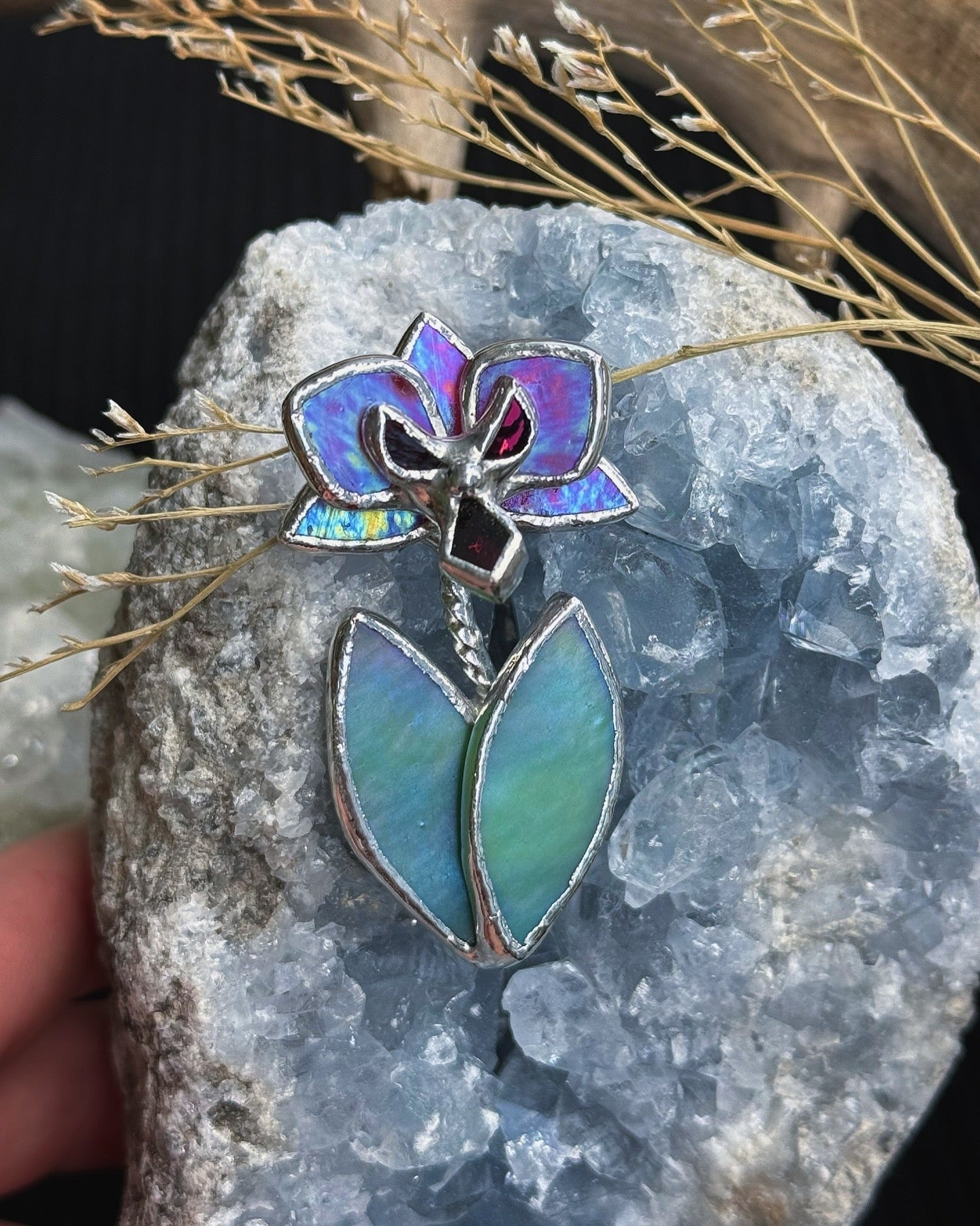 " . Brooch Orchid Berry Red iridescent” Stained glass tropical flower 3D