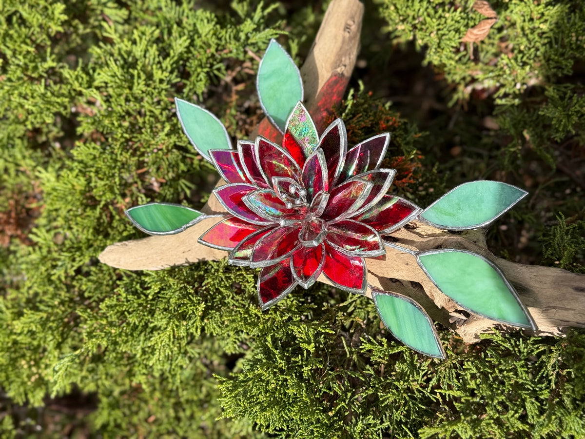 Fire Flower Iridescent Stained Glass Driftwood Wall Decor Suncatcher