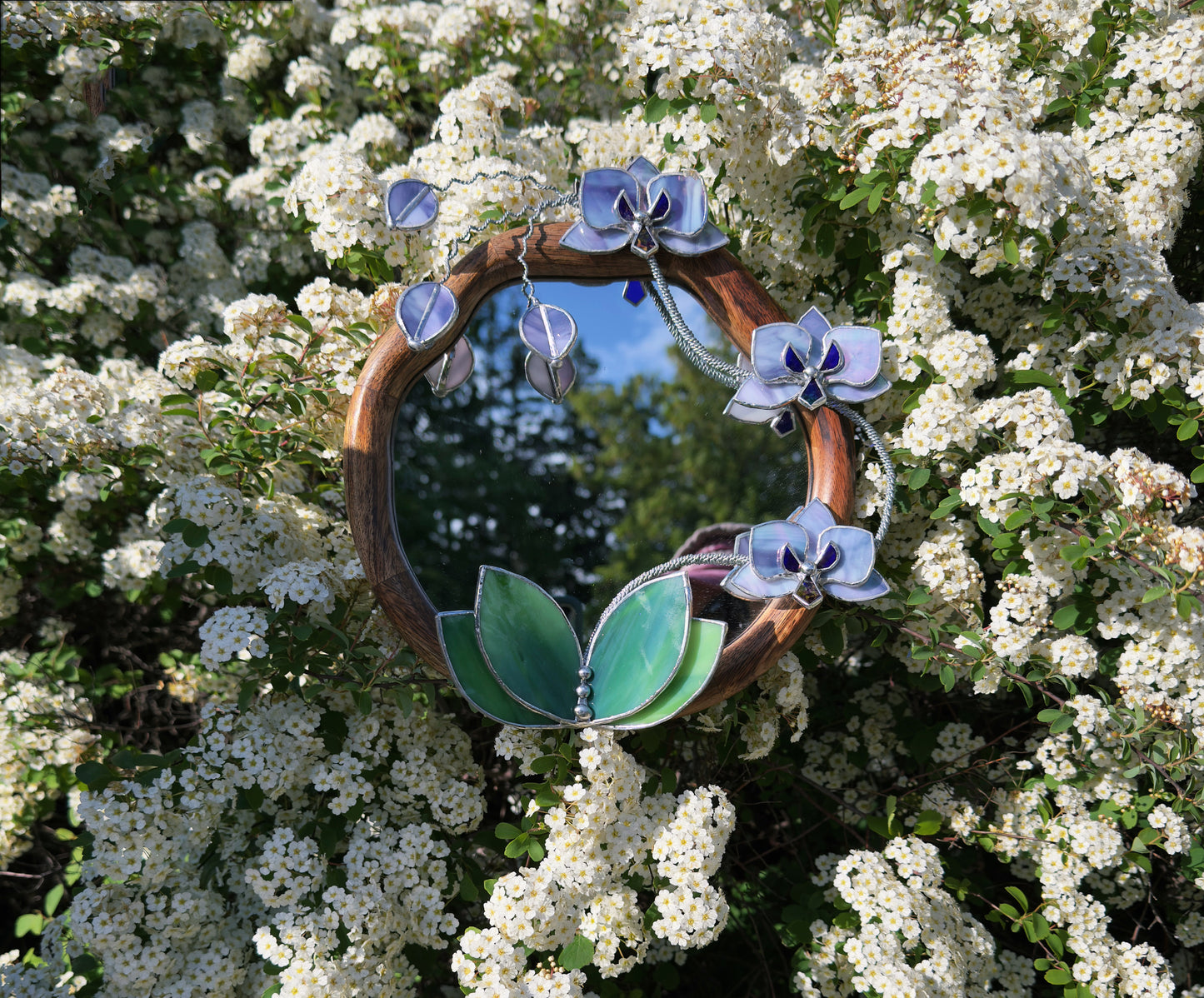 " . Amethyst & Lilac luminescent Orchid Mirror”, Stained glass flower Wall decor, Suncatcher, Home wedding Decor, Christmas gift available new