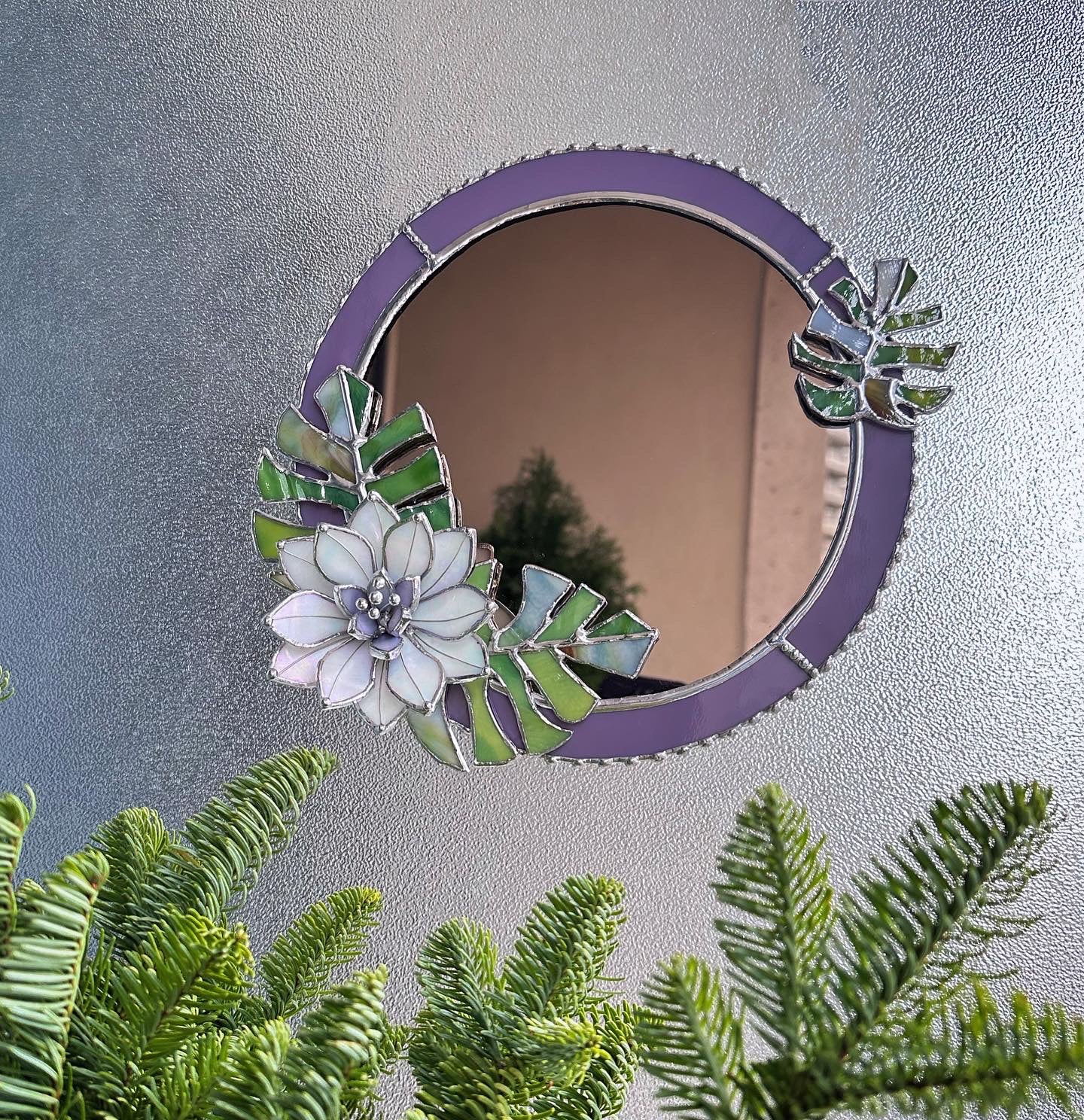 " . Blooming Monstera' Stained glass flower Mirror, Suncatcher, Art