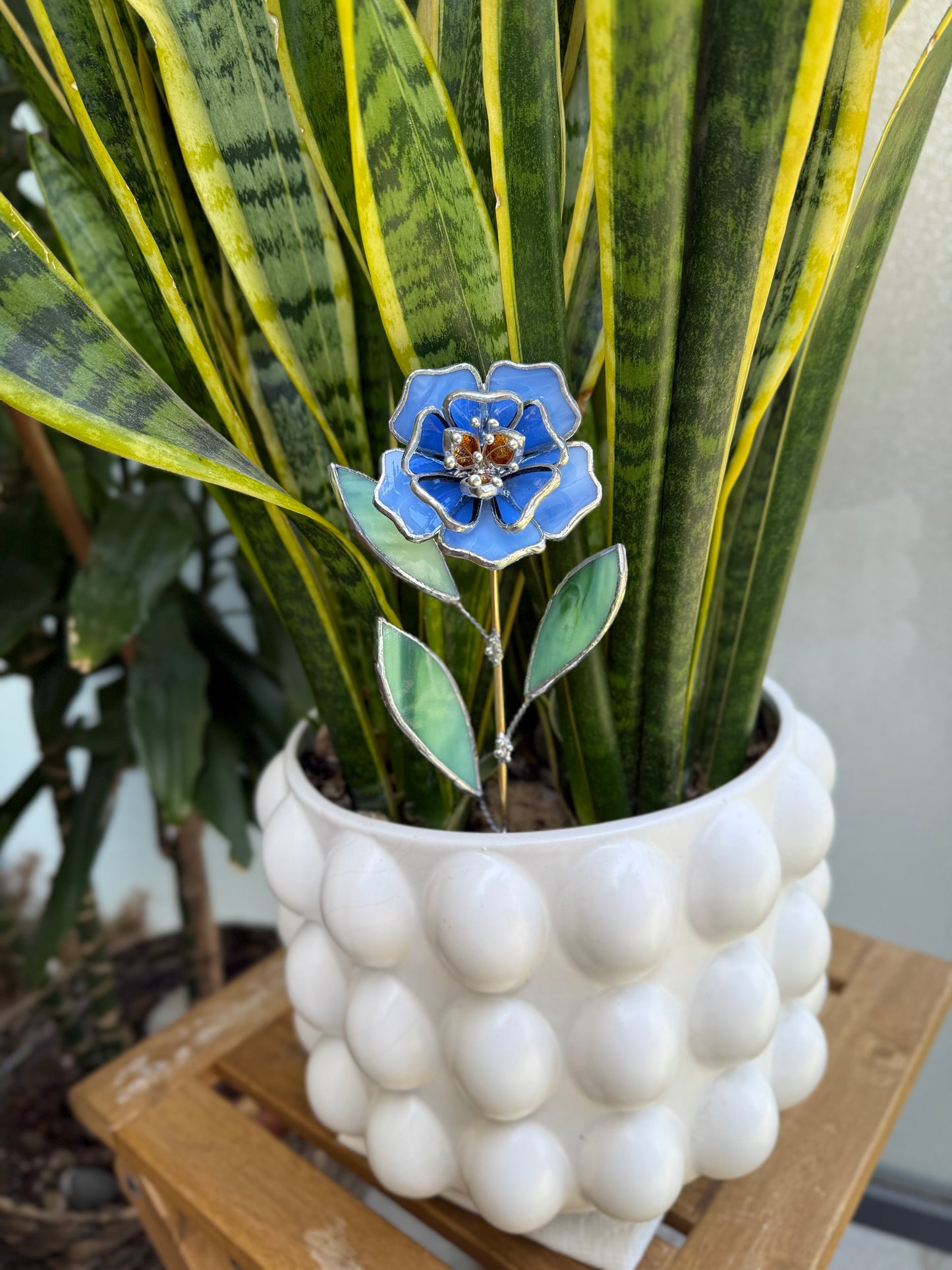 " . Blue Peony flower stick, Plant stake no pot” Stained glass tropical flower 3D, Sun catcher, Table plant, Garden stick, Outdoor and gardening decor