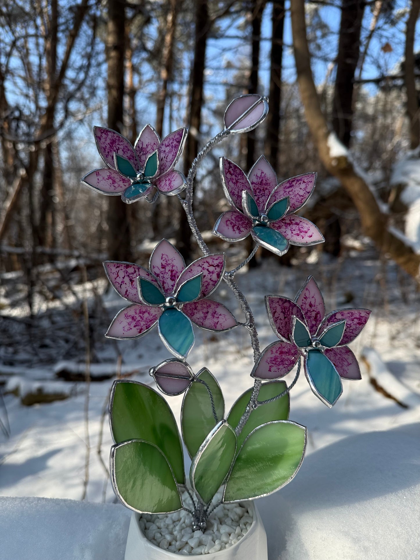 " . PREORDER Bright Pink Tiger Orchid, 4 flowers with pot”, Stained glass tropical flower 3D, Sun catcher, Table plant, Garden stick, Outdoor and gardening decor
