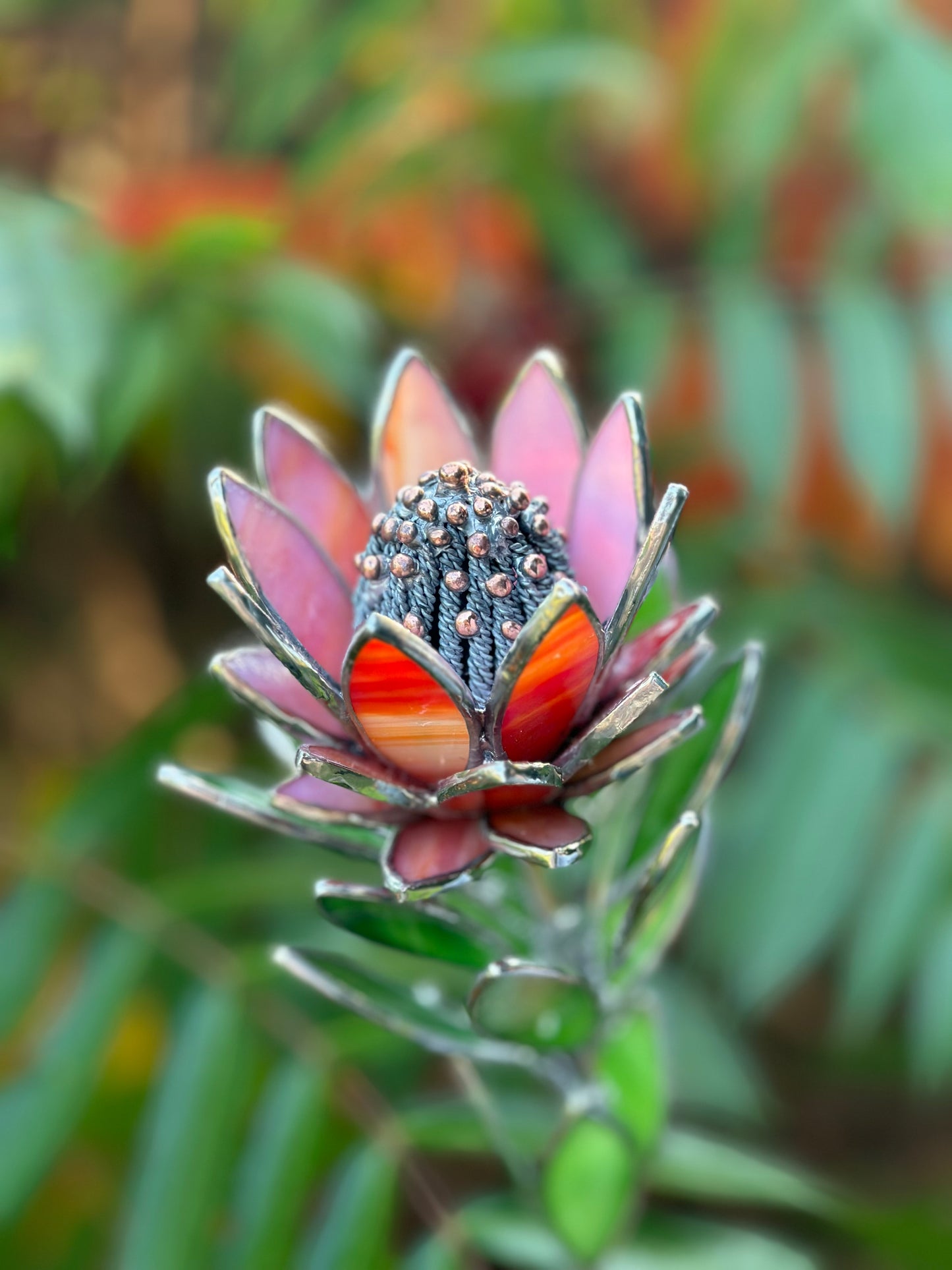 " . Amber&Red irid Protea Stained glass flower in the pot, tropical 3D Sun catcher, Table plant decor, wedding gift