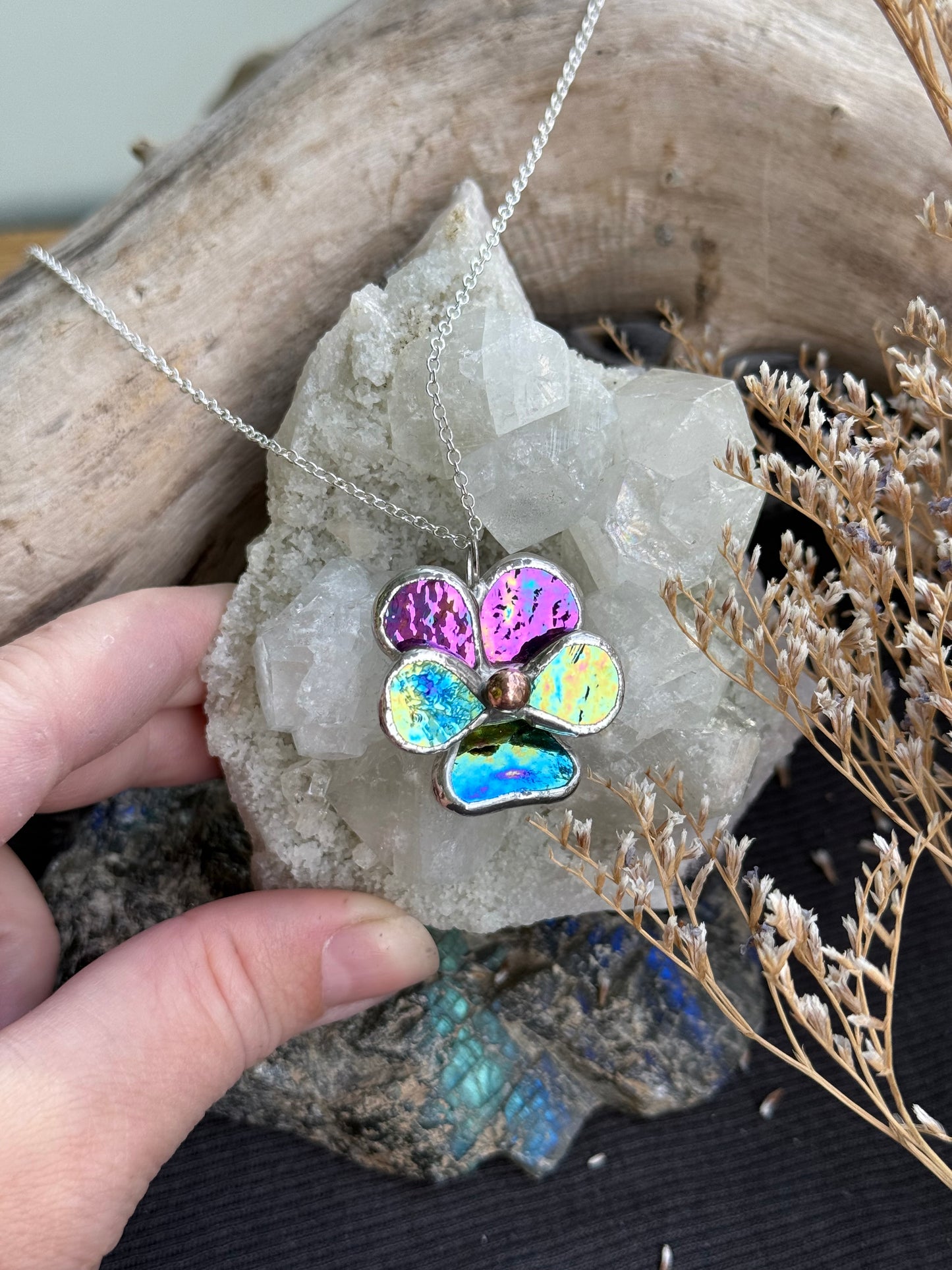 " . Pansy Purple lumi & Yellow-blue lumi Necklace ” Stained glass tropical flower 3D, art jewelry