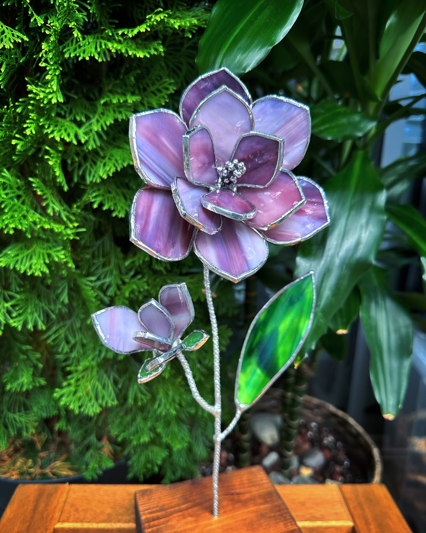 ". Magnolia Pink-Purple flower with a bud" Stained glass tropical 3D, Sun catcher, Table plant decor, Garden stake, wedding decor, Christmas gift, pot