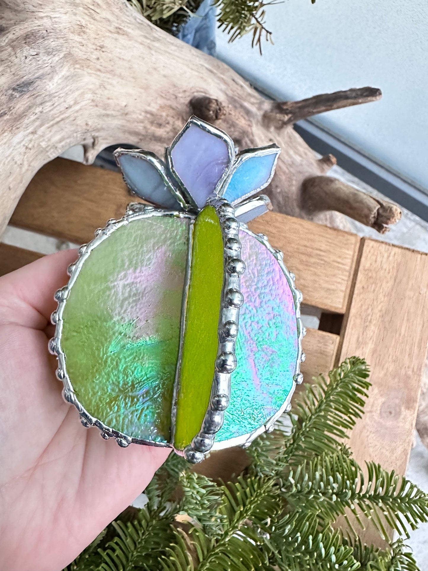 "Cactus XL Sky Blue Iridescent& Green Iridescent ", Stained glass, Succulent 3D Cacti house plant for flower pot Sun catcher glass art wedding