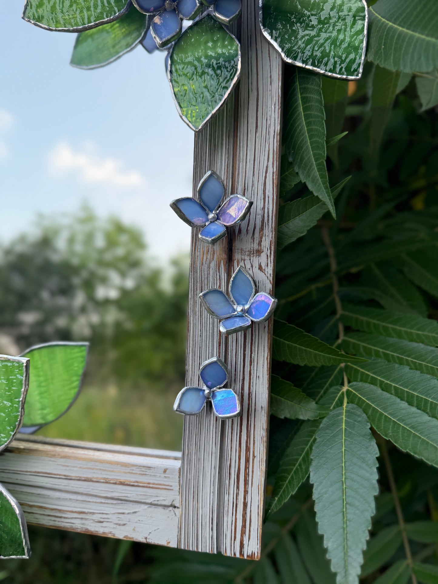 " . Amethyst Blue lavender iridescent Hydrangea Flower Mirror, Stained glass Wedding Wall Decor, Christmas gift, Suncatcher