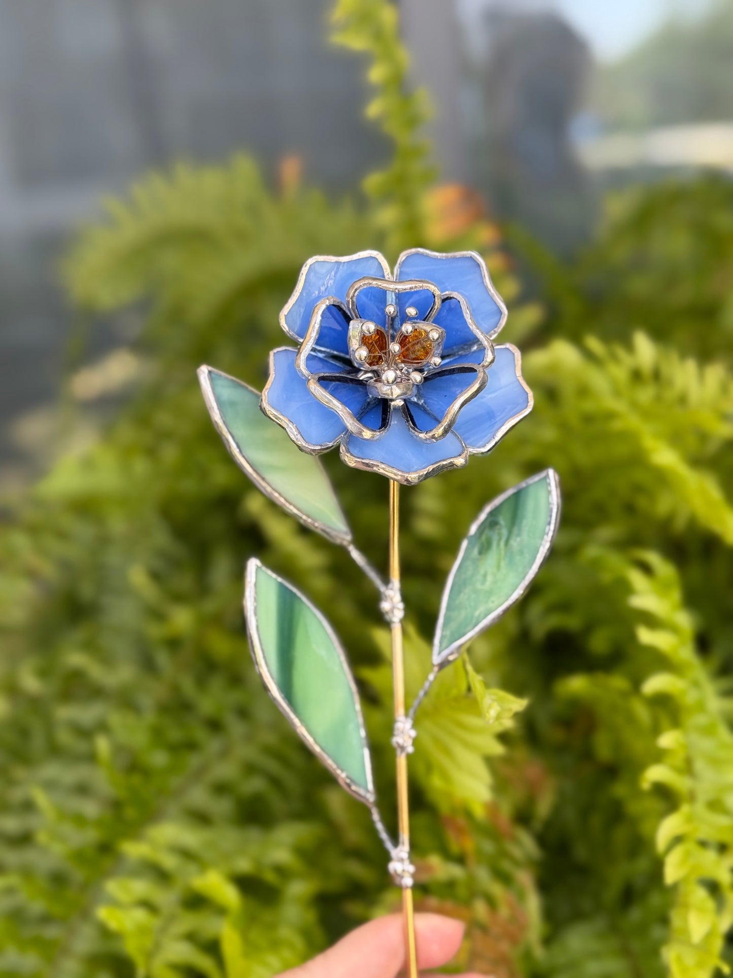 " . Blue Peony flower stick, Plant stake no pot” Stained glass tropical flower 3D, Sun catcher, Table plant, Garden stick, Outdoor and gardening decor