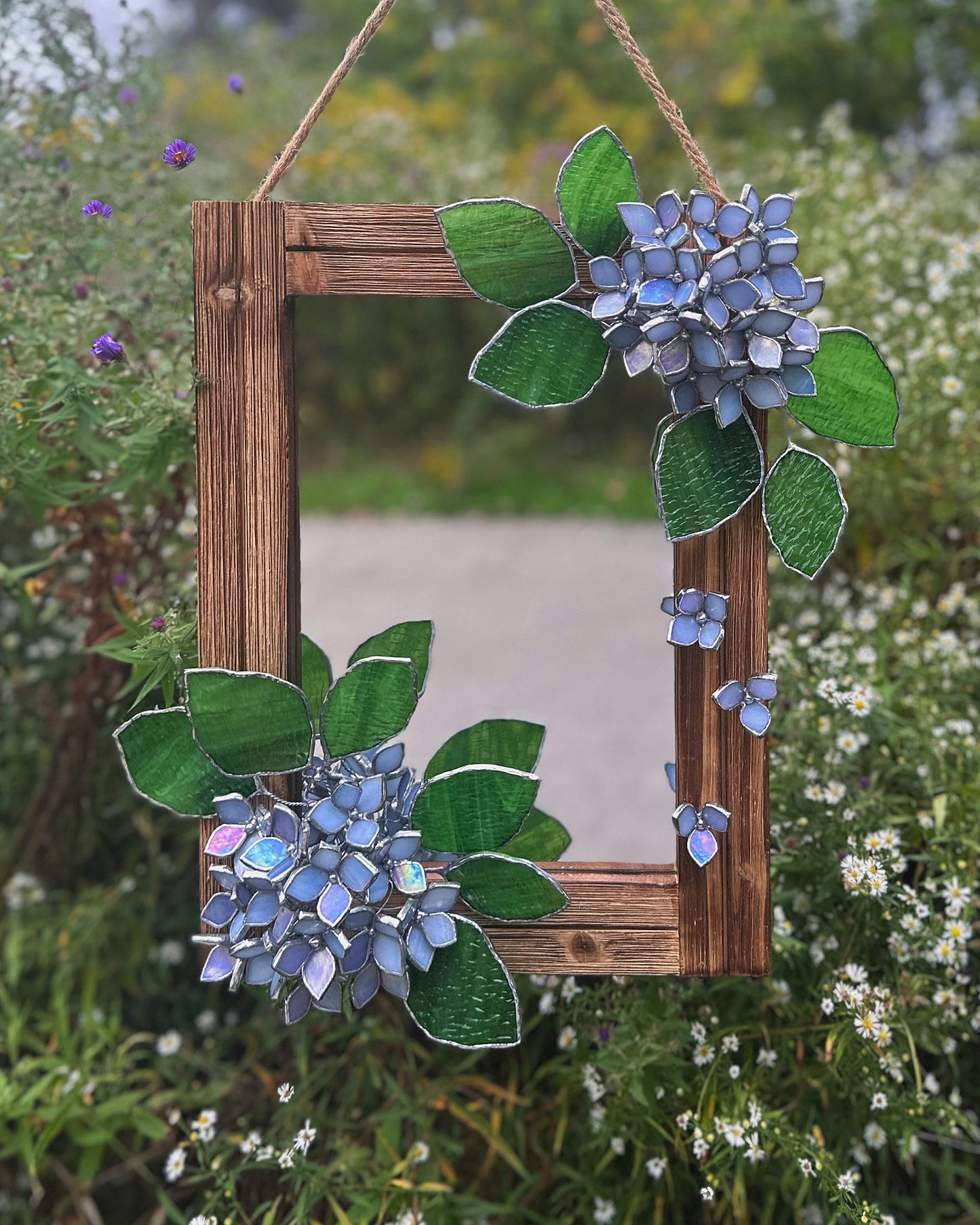" . Lavender light blue iridescent Hydrangea Flower Mirror, Stained glass Wedding Wall Decor, Christmas gift, Suncatcher