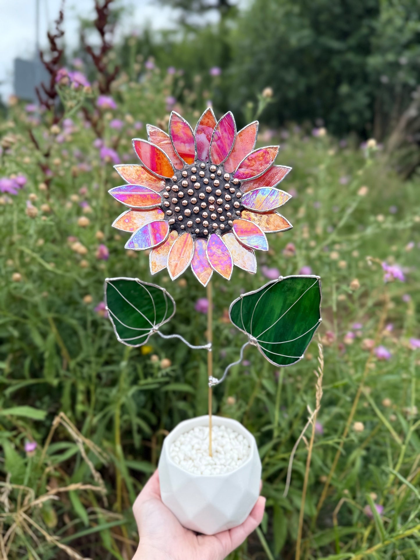 " . Sunflower Red Amber iridescent", stained glass tropical flower 3D, Sun catcher, Table plant decor, Garden stake, Outdoor and gardening, wedding Christmas gift
