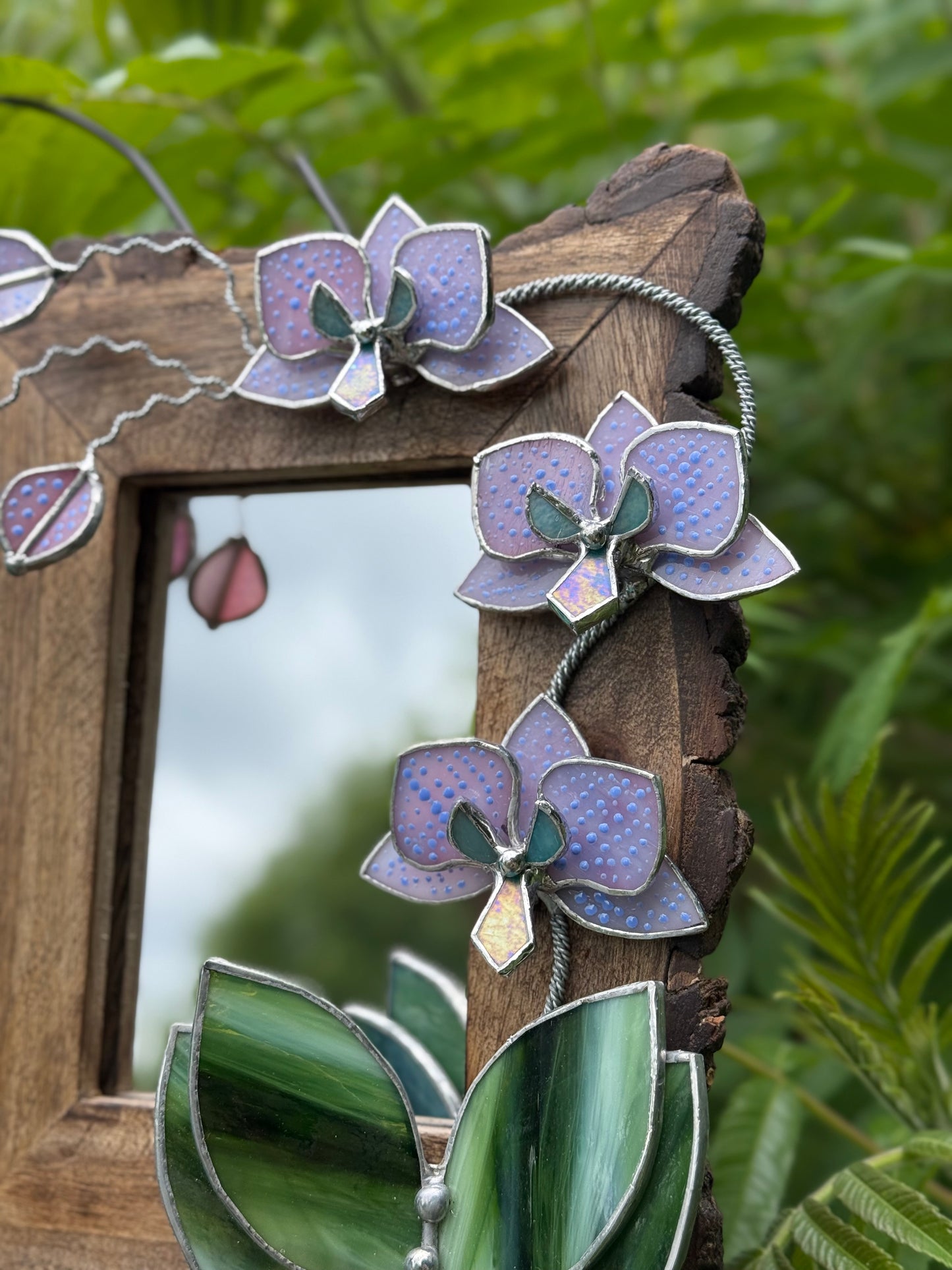 " . Dusty Pink with pattern Orchid Mirror”, Stained glass flower Wall window table decor, Suncatcher, Home wedding Decor, Christmas gift, available sale