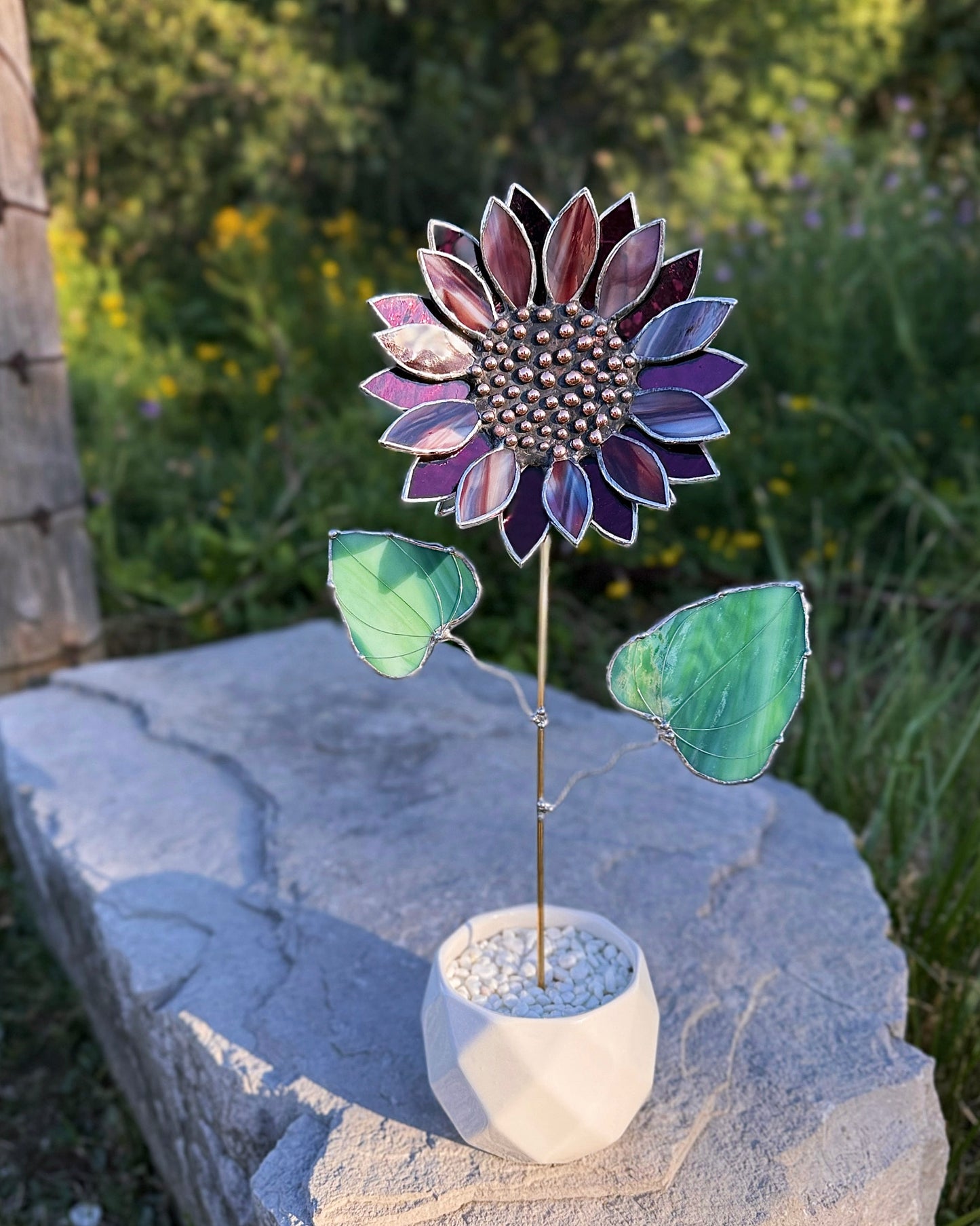 " . Sunflower Marble grey & purple silver oat", stained glass tropical flower 3D, Sun catcher, Table plant decor, Garden stake, Outdoor and gardening, wedding Christmas gift