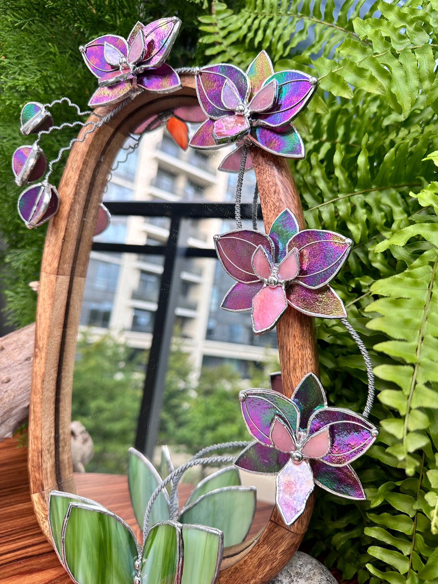 " .Butterfly Mauve iridescent Orchid Mirror”, Stained glass flower Wall decor, Suncatcher, Home wedding Decor, Christmas gift