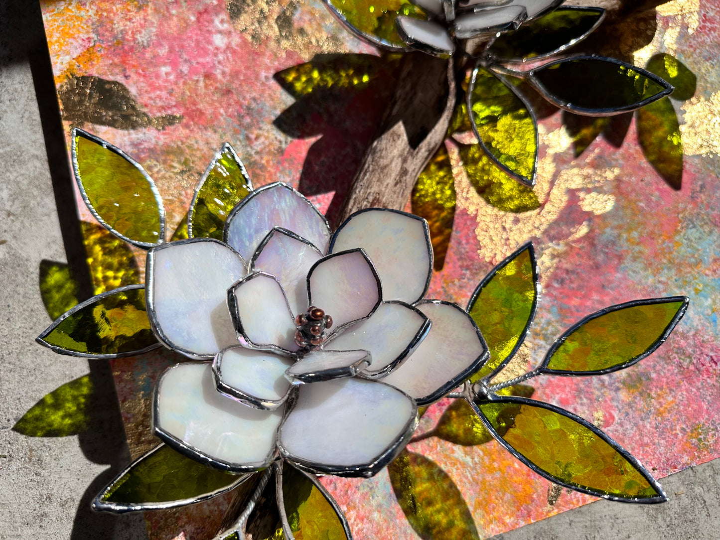 ". Acrylic painting ‘Spring Magnolia’ with stained glass 3D flowers, Wall decor, Wedding, Christmas gift