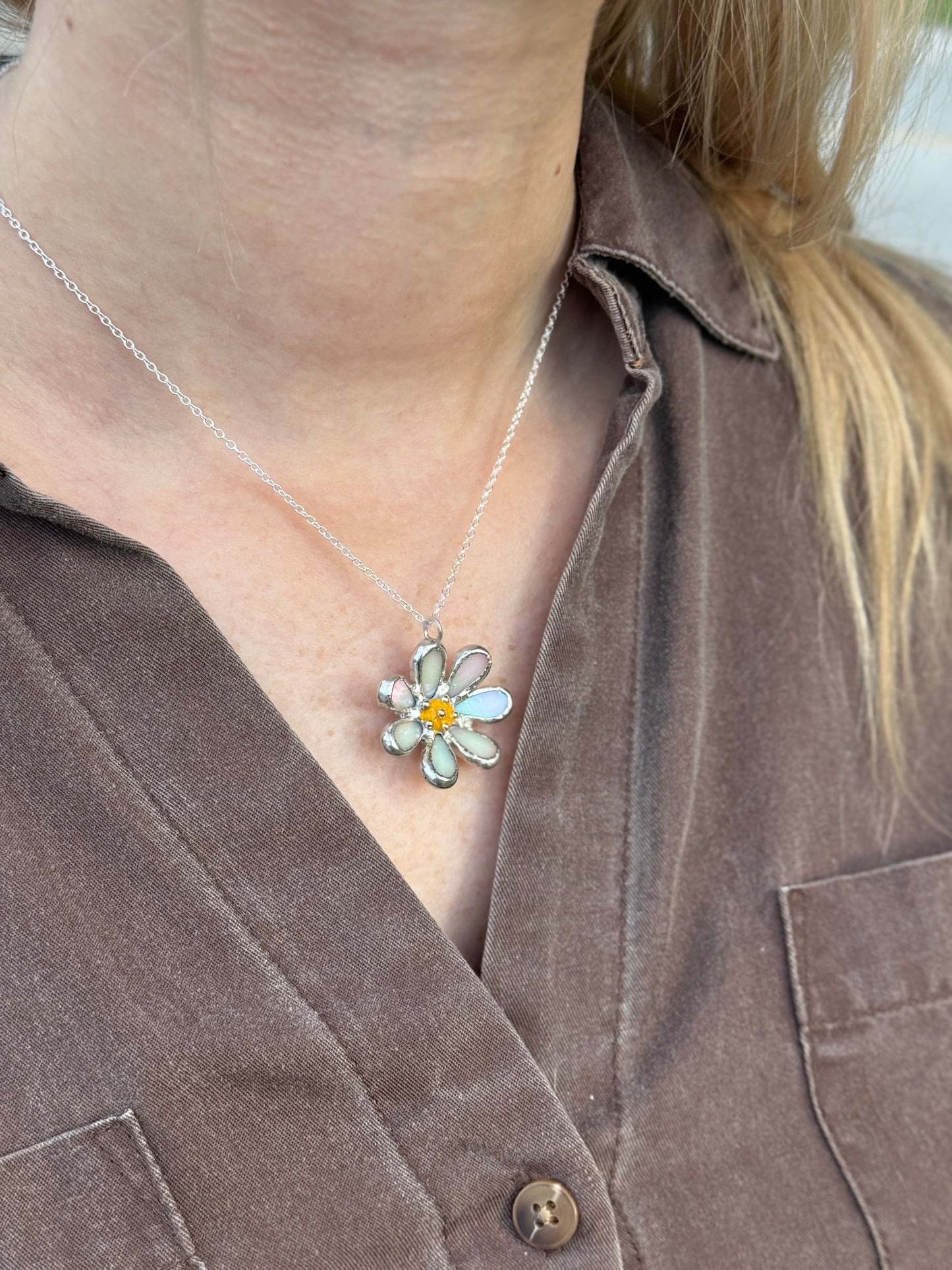 Daisy White Pearl Iridescent L S sizes, Stained Glass Necklace or Brooch, Handmade Botanical Jewelry