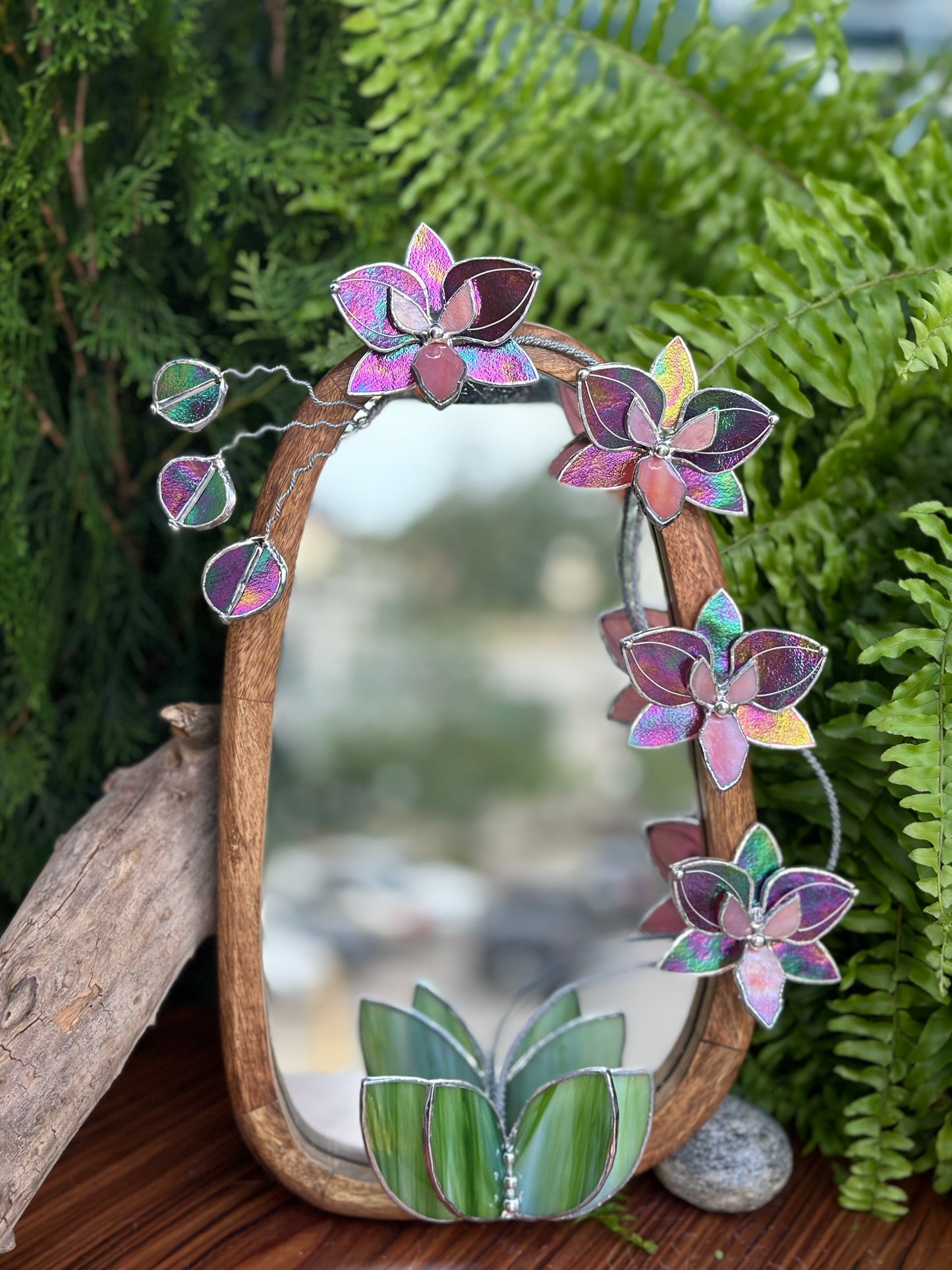 " .Butterfly Mauve iridescent Orchid Mirror”, Stained glass flower Wall decor, Suncatcher, Home wedding Decor, Christmas gift