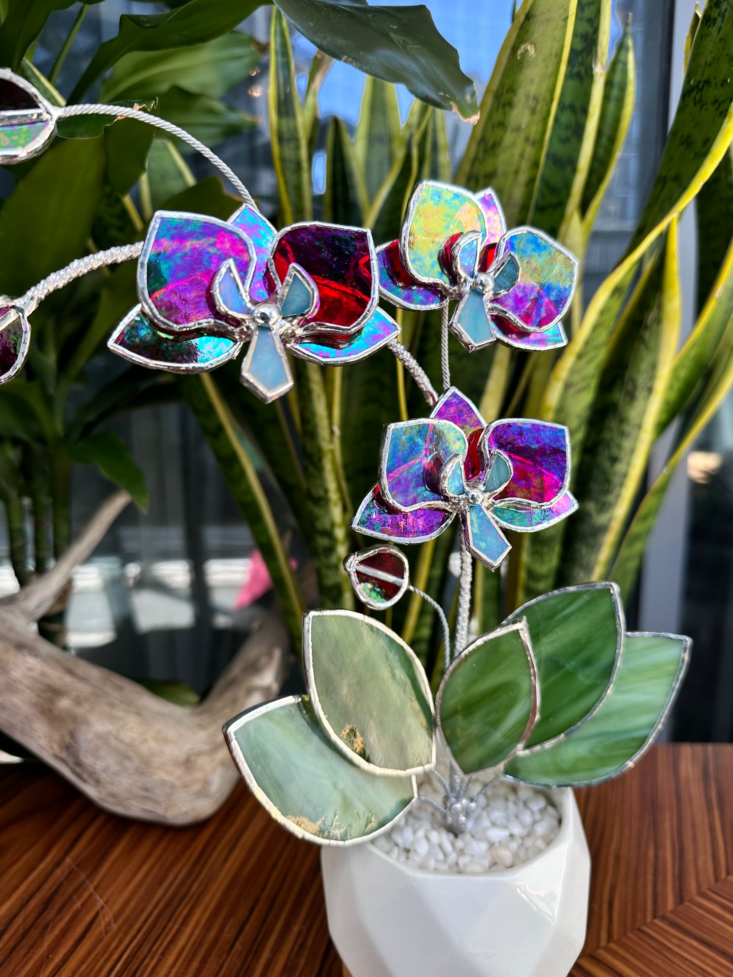 " . Red transparent iridescent Orchid 3 flowers with pot” Stained glass tropical flower 3D, Sun catcher, Table plant, Garden stick, Outdoor and gardening decor,