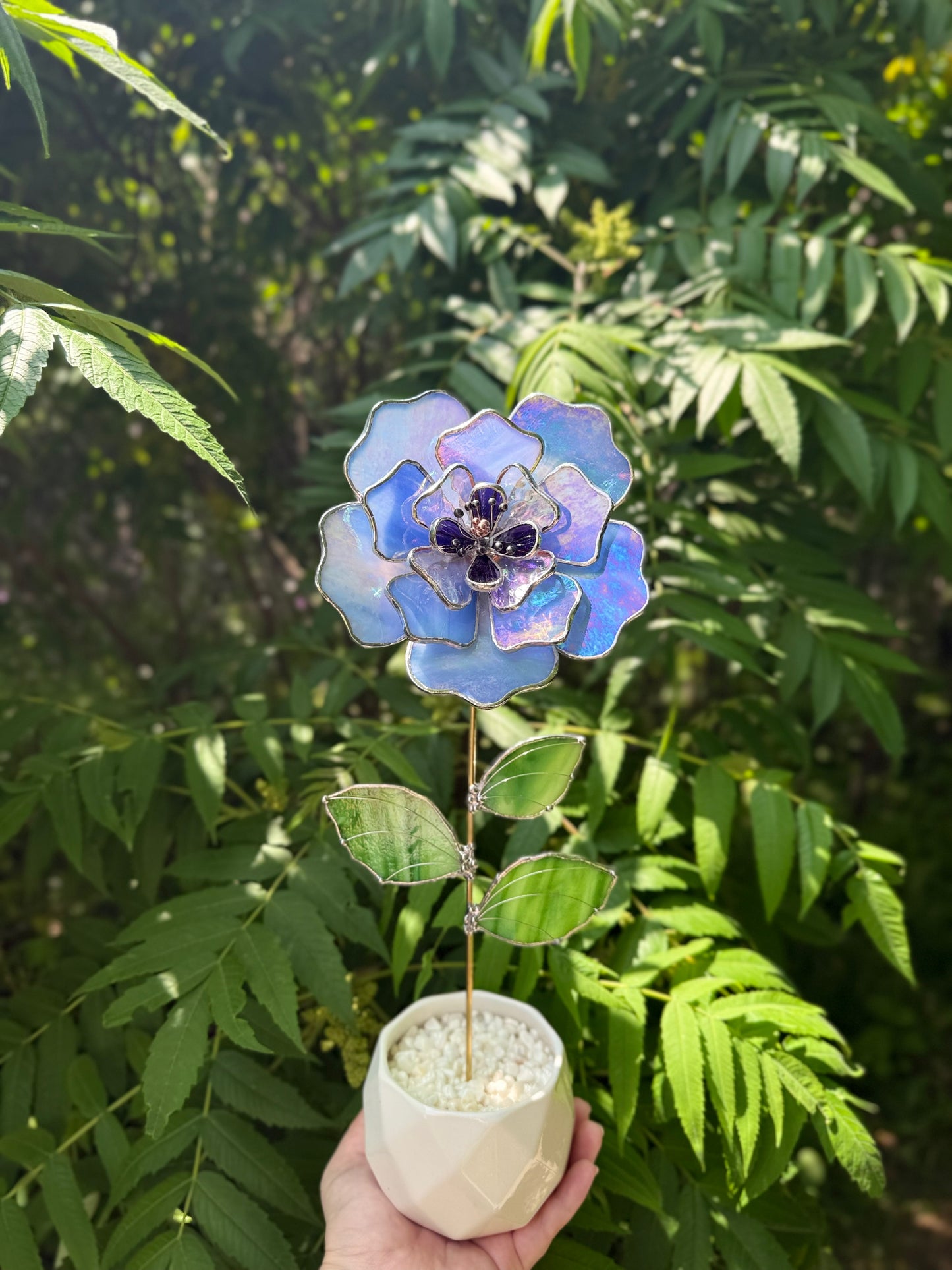 " . Blue lavender Peony Iridescent" Stained glass tropical flower 3D, Sun catcher, Table plant, Garden stake, wedding decor, Christmas gift, available new