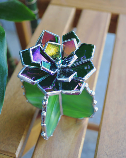 "Cactus blooming XL iridescent" Stained glass Succulent 3D design, house plant for flower pot, Sun catcher, glass art, wedding