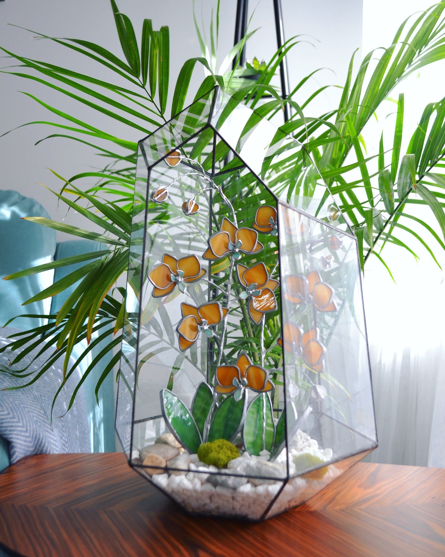 " .Geometric glass 3D terrarium Asymmetrical with stained glass orchids. Wedding glass decor, Mother’s Day gift, glass art, suncatcher, succulents, cacti
