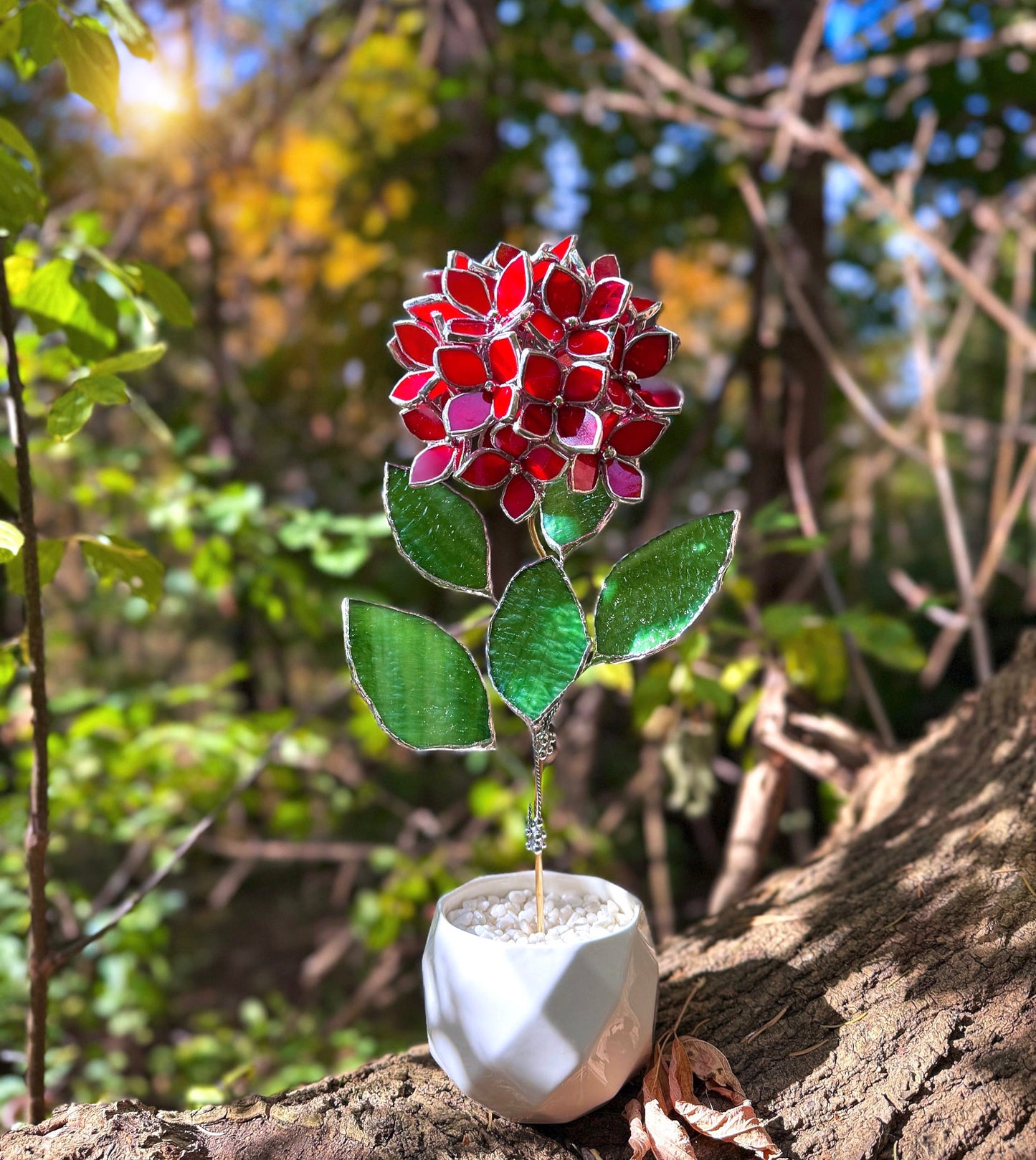 " . Hydrangea bunch Scarlet red in the pot ”, Stained glass tropical flower 3D, Sun catcher, Table plant, Garden stick, Outdoor and gardening decor