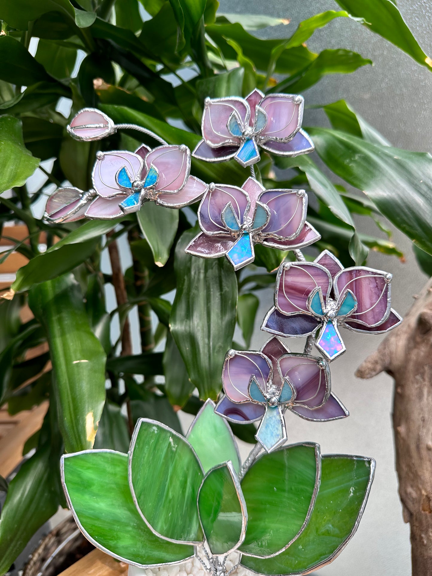 " . Dusty Rose translucent Orchid 5 flowers with pot" Stained glass tropical flower 3D, Sun catcher, Table plant, Garden stick, wedding decor, Christmas gift