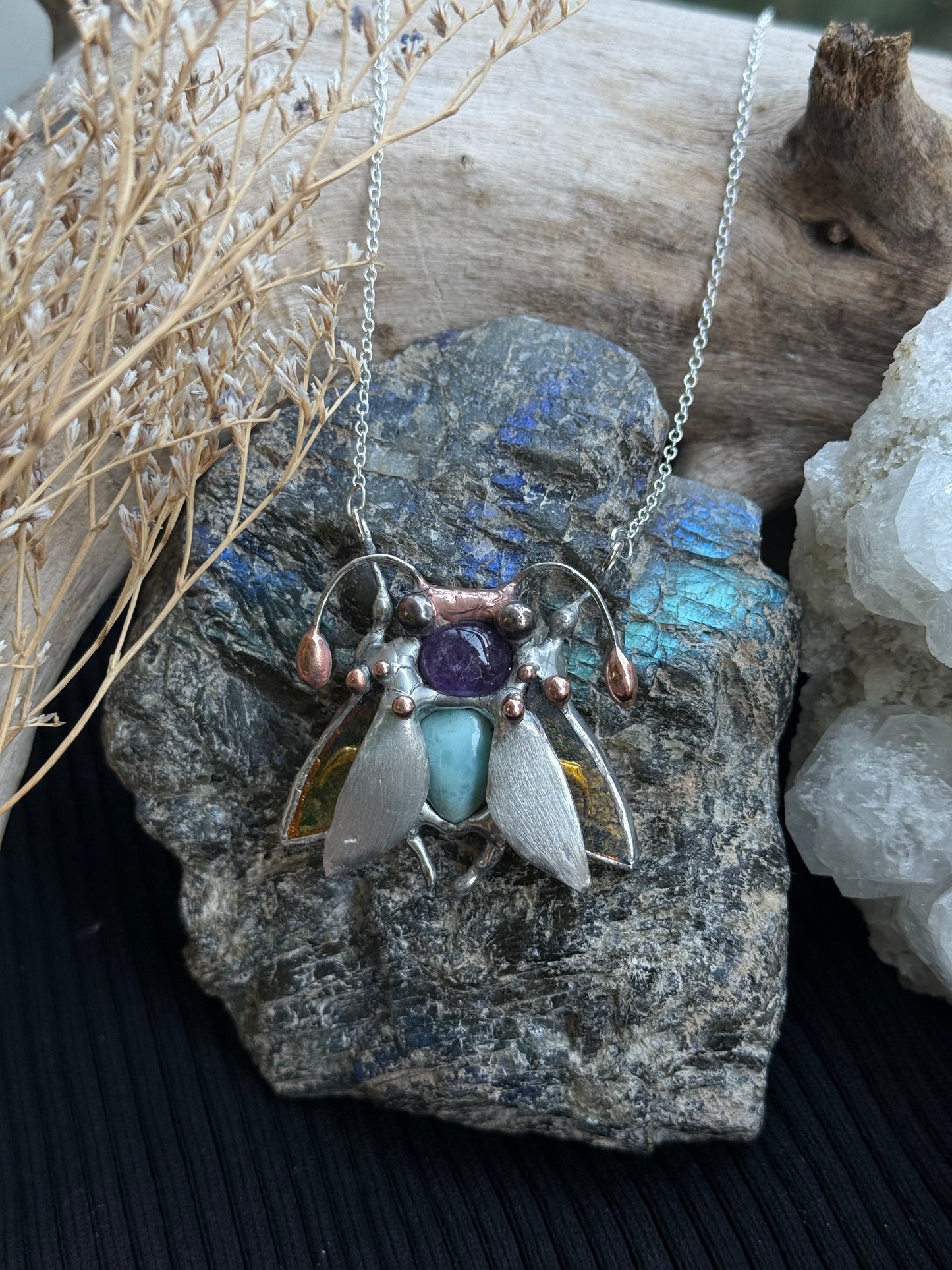 " . Bug necklace Magic Moth with Blue Larimar & Amethyst”, stained glass art jewelry pendant 3D wedding jewelry Mother’s Day gift